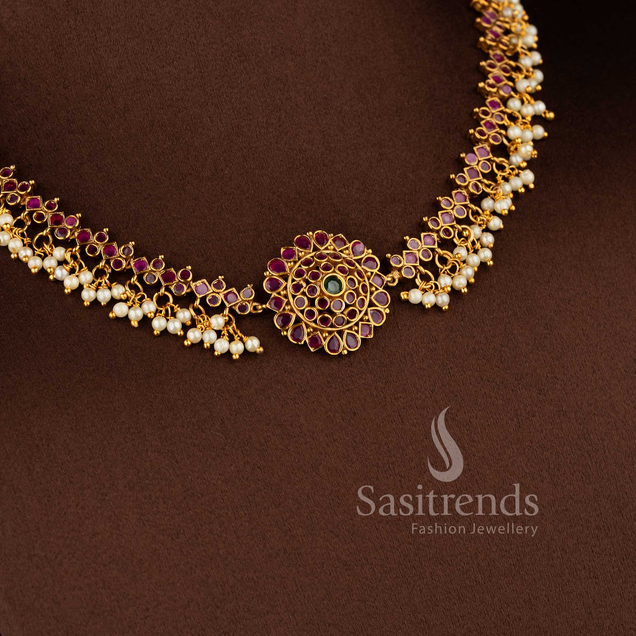 Gorgeous Floral Pendant Temple Matte Gold Plated Choker Necklace Jewellery Set with AD Stones and Pearl Drops for Women | Sasitrends - Image 12