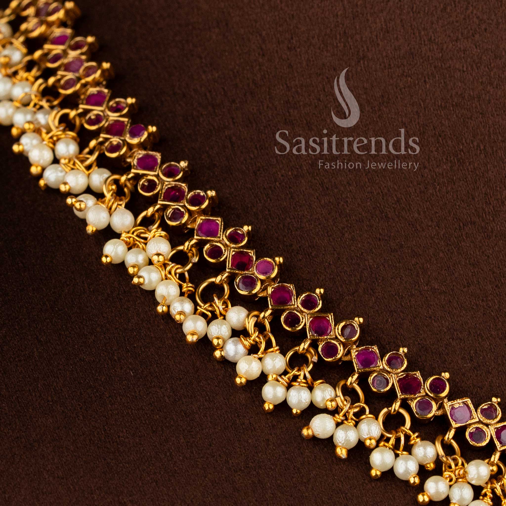 Gorgeous Floral Pendant Temple Matte Gold Plated Choker Necklace Jewellery Set with AD Stones and Pearl Drops for Women | Sasitrends - Image 13