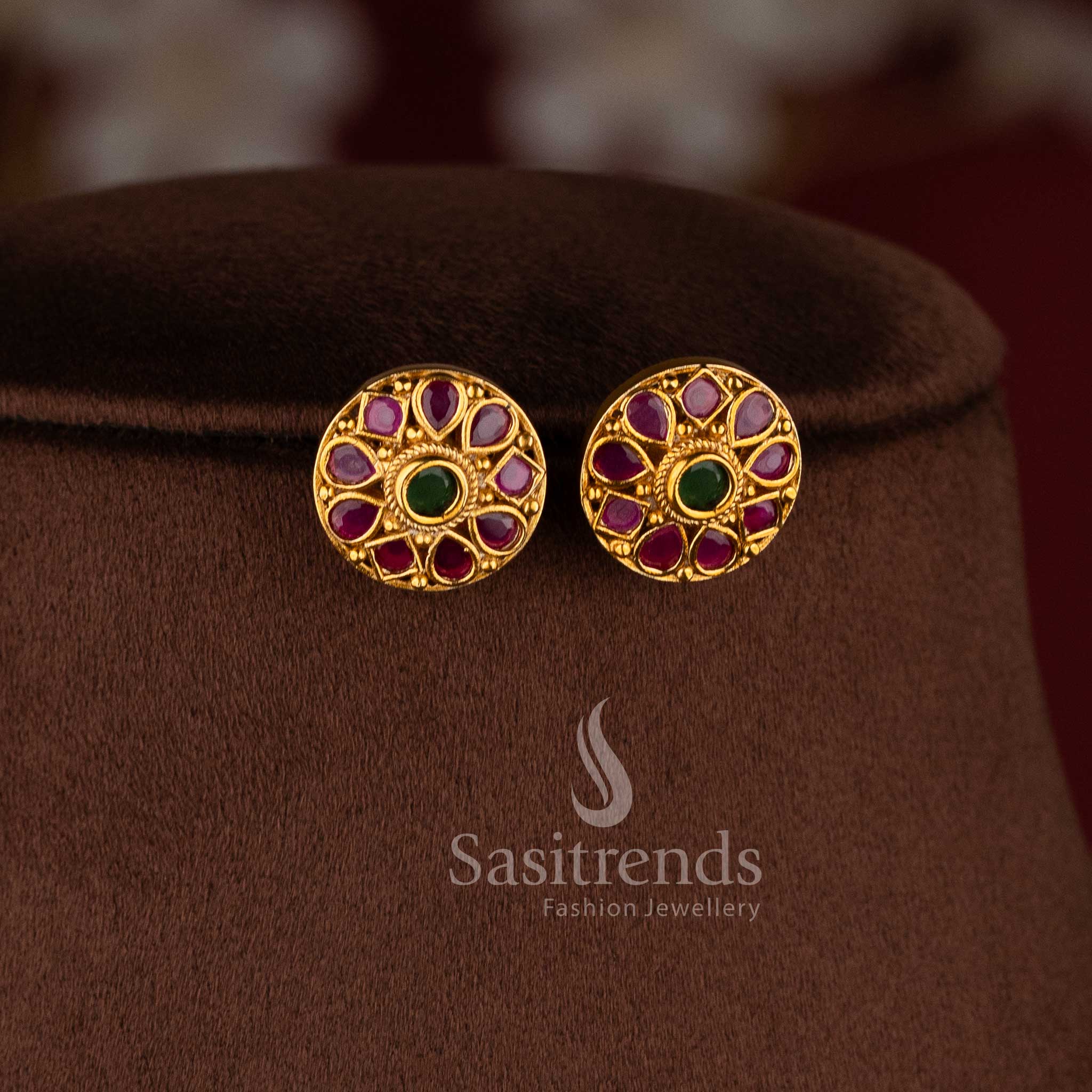 Gorgeous Floral Pendant Temple Matte Gold Plated Choker Necklace Jewellery Set with AD Stones and Pearl Drops for Women | Sasitrends - Image 14