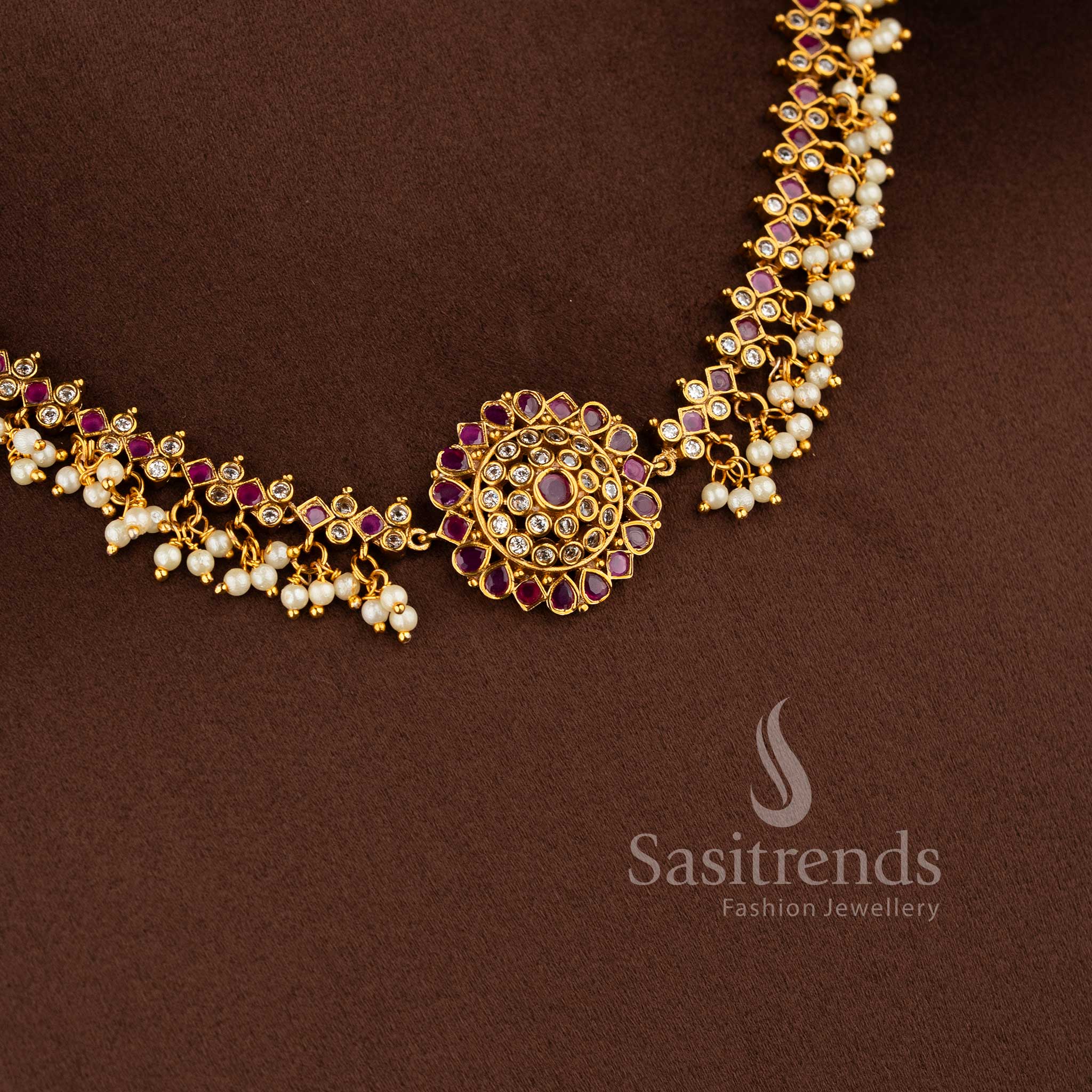 Gorgeous Floral Pendant Temple Matte Gold Plated Choker Necklace Jewellery Set with AD Stones and Pearl Drops for Women | Sasitrends - Image 15
