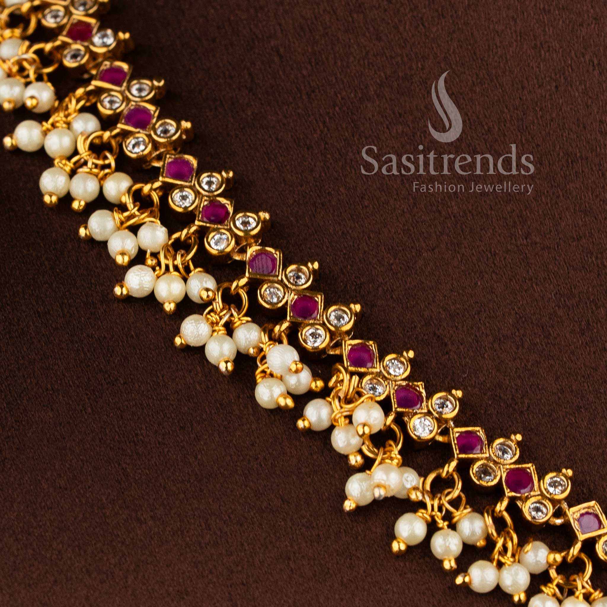 Gorgeous Floral Pendant Temple Matte Gold Plated Choker Necklace Jewellery Set with AD Stones and Pearl Drops for Women | Sasitrends - Image 16