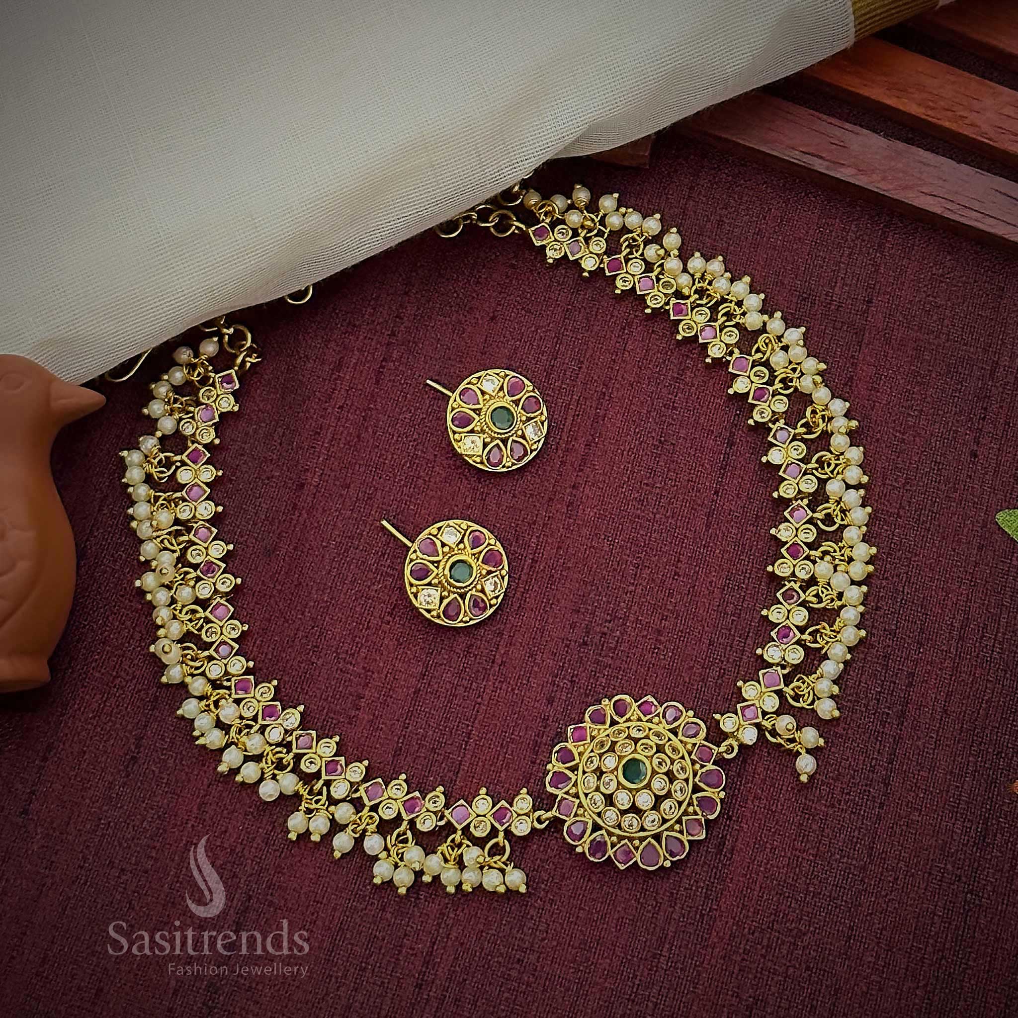 Gorgeous Floral Pendant Temple Matte Gold Plated Choker Necklace Jewellery Set with AD Stones and Pearl Drops for Women | Sasitrends - Image 17