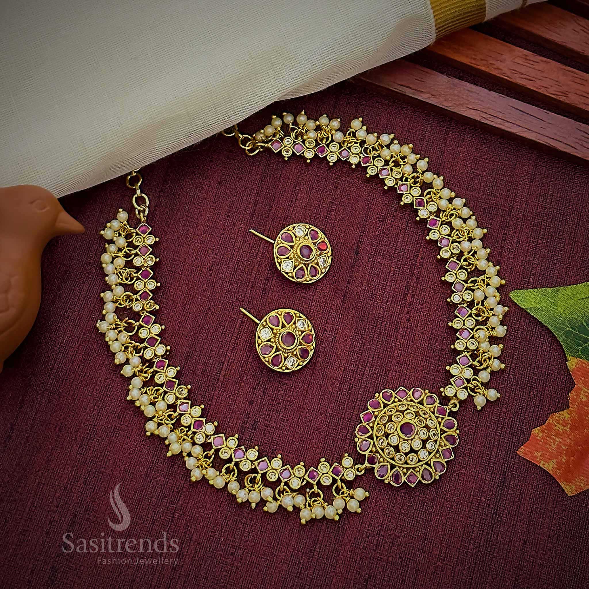 Gorgeous Floral Pendant Temple Matte Gold Plated Choker Necklace Jewellery Set with AD Stones and Pearl Drops for Women | Sasitrends - Image 18