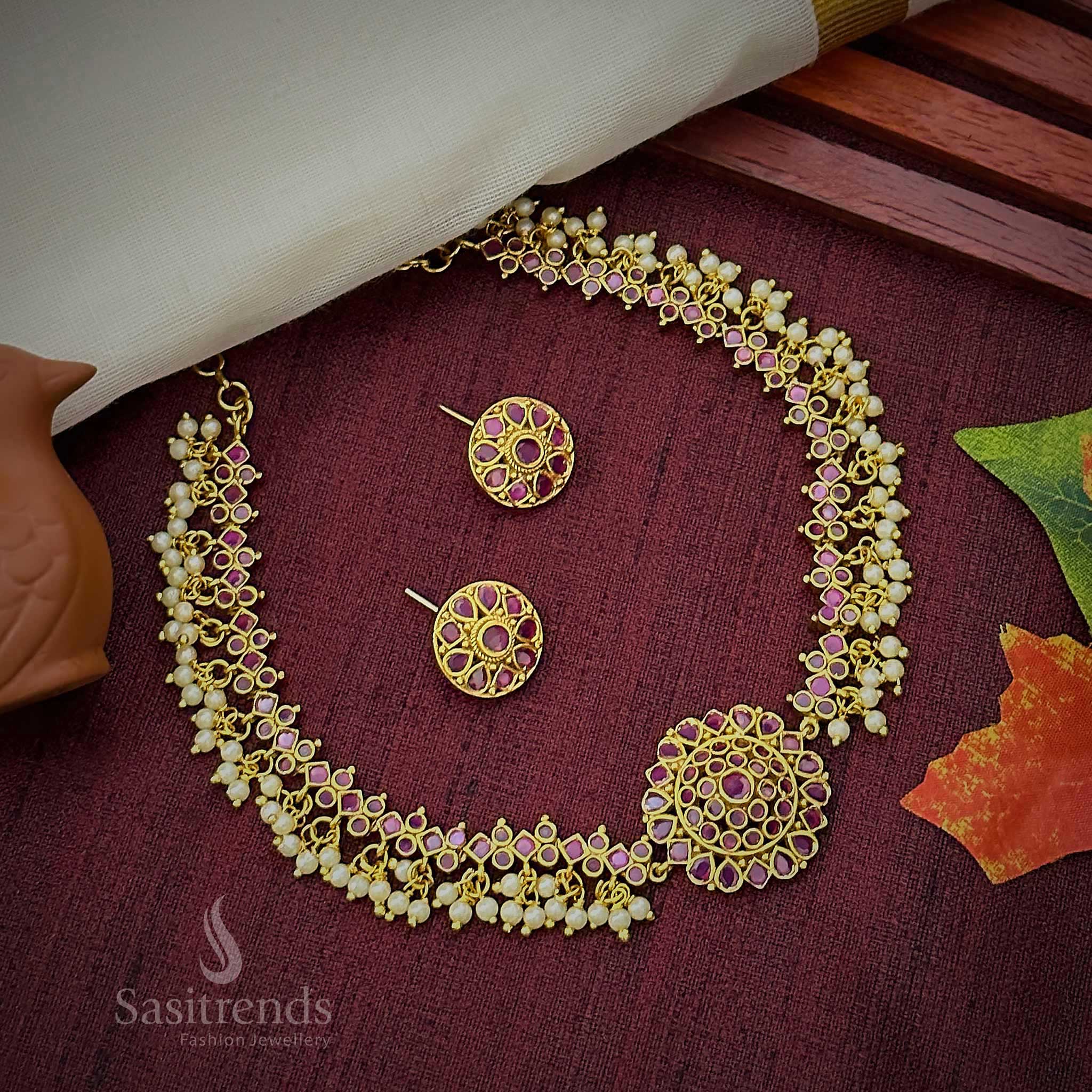 Gorgeous Floral Pendant Temple Matte Gold Plated Choker Necklace Jewellery Set with AD Stones and Pearl Drops for Women | Sasitrends - Image 19
