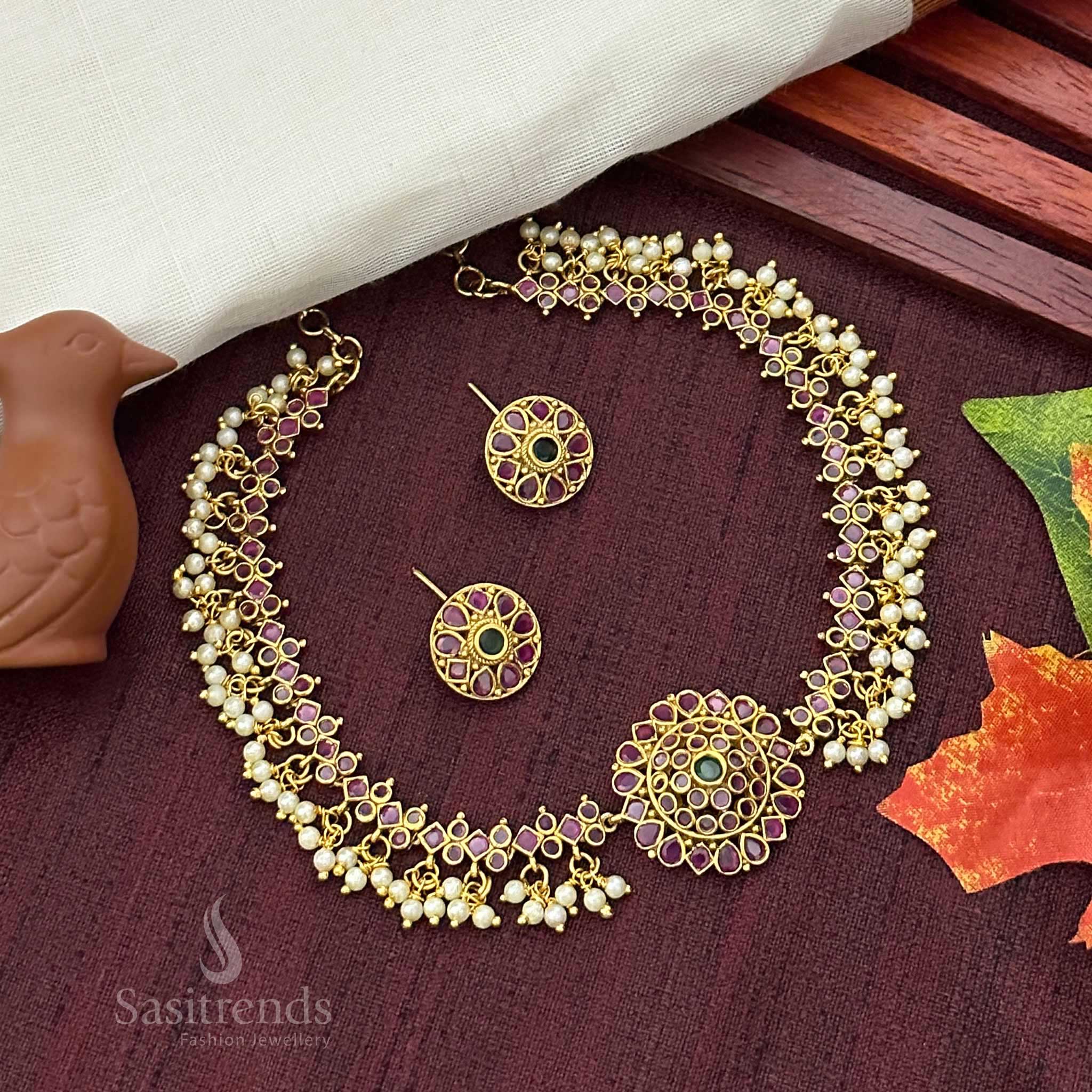 Gorgeous Floral Pendant Temple Matte Gold Plated Choker Necklace Jewellery Set with AD Stones and Pearl Drops for Women | Sasitrends - Image 20