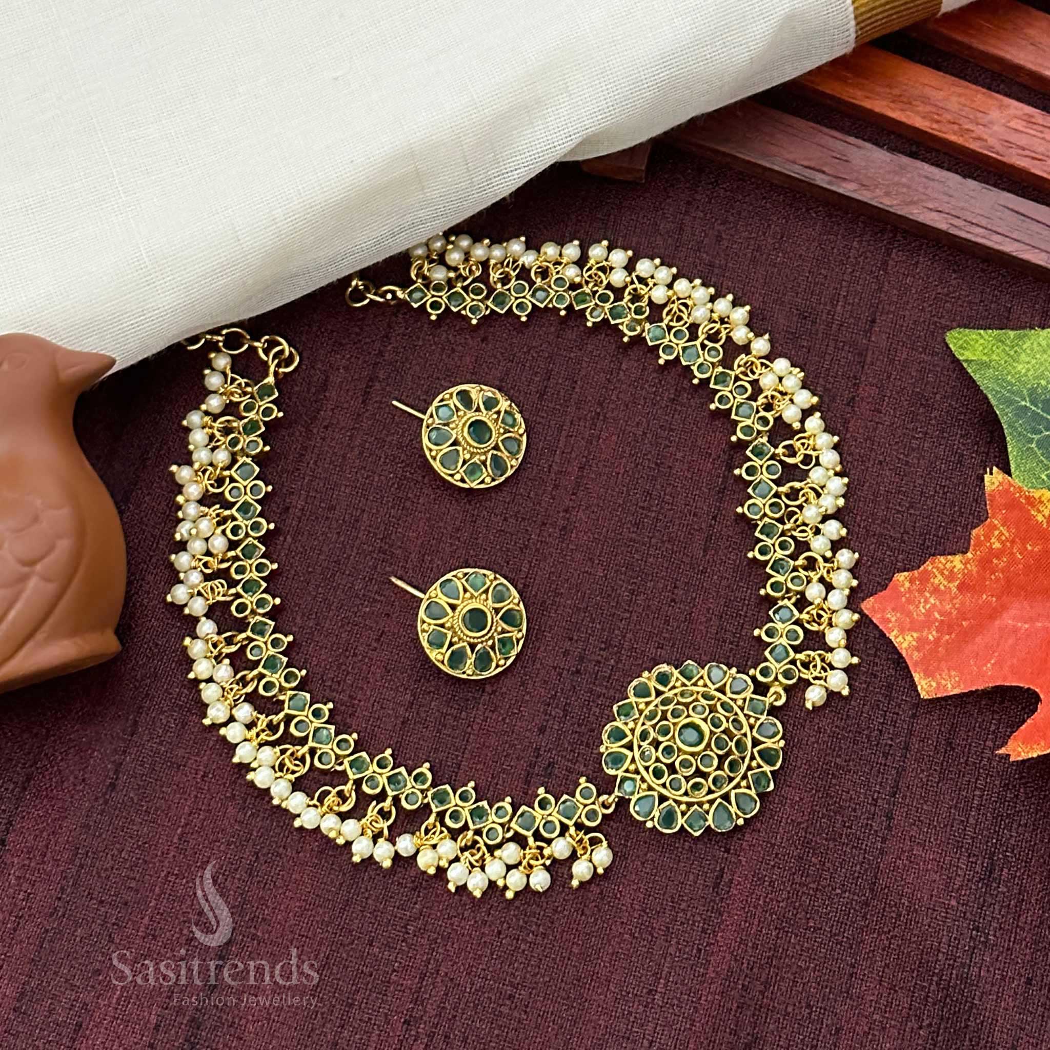 Gorgeous Floral Pendant Temple Matte Gold Plated Choker Necklace Jewellery Set with AD Stones and Pearl Drops for Women | Sasitrends - Image 21