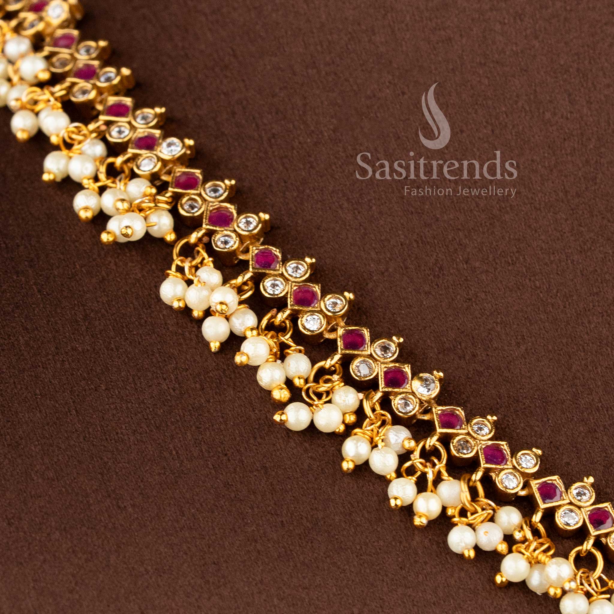 Gorgeous Floral Pendant Temple Matte Gold Plated Choker Necklace Jewellery Set with AD Stones and Pearl Drops for Women | Sasitrends - Image 3