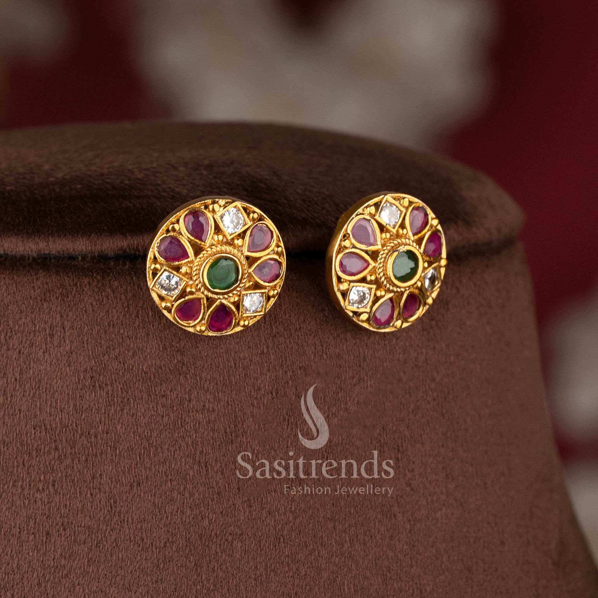 Gorgeous Floral Pendant Temple Matte Gold Plated Choker Necklace Jewellery Set with AD Stones and Pearl Drops for Women | Sasitrends - Image 5