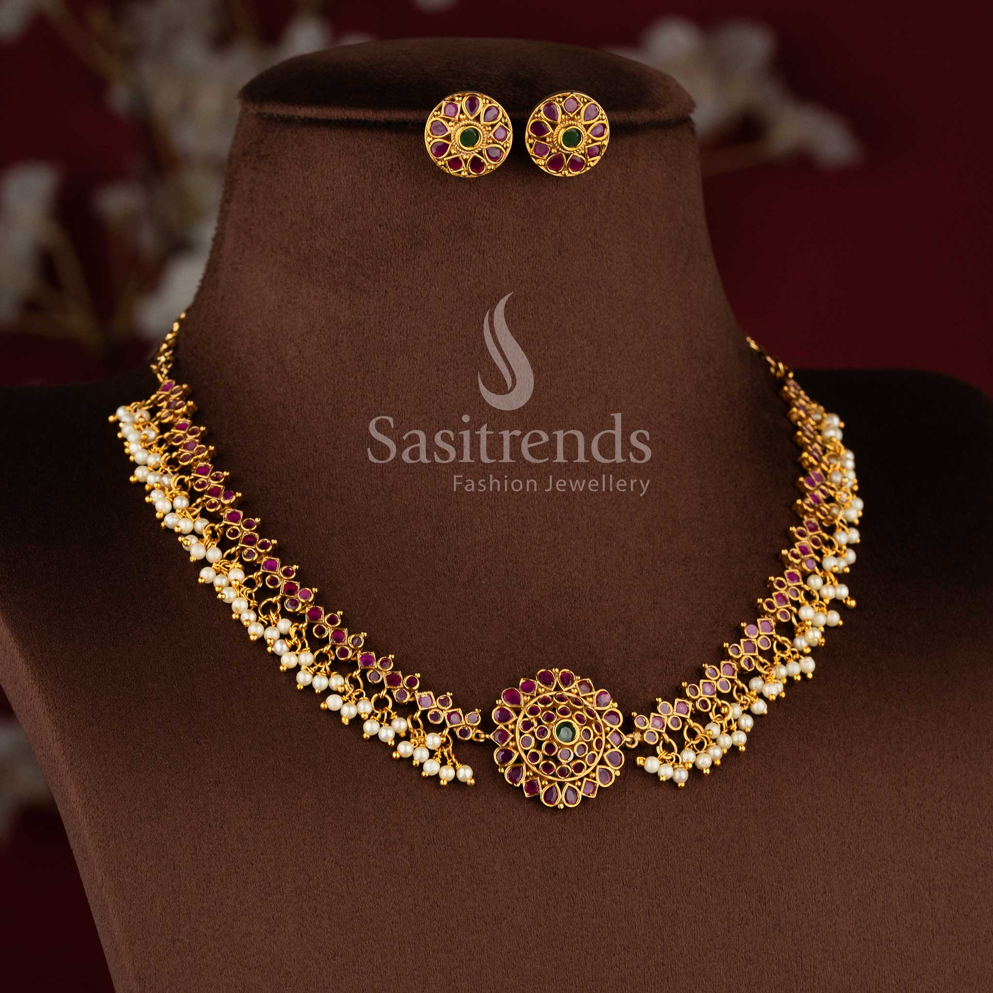 Gorgeous Floral Pendant Temple Matte Gold Plated Choker Necklace Jewellery Set with AD Stones and Pearl Drops for Women | Sasitrends - Image 6
