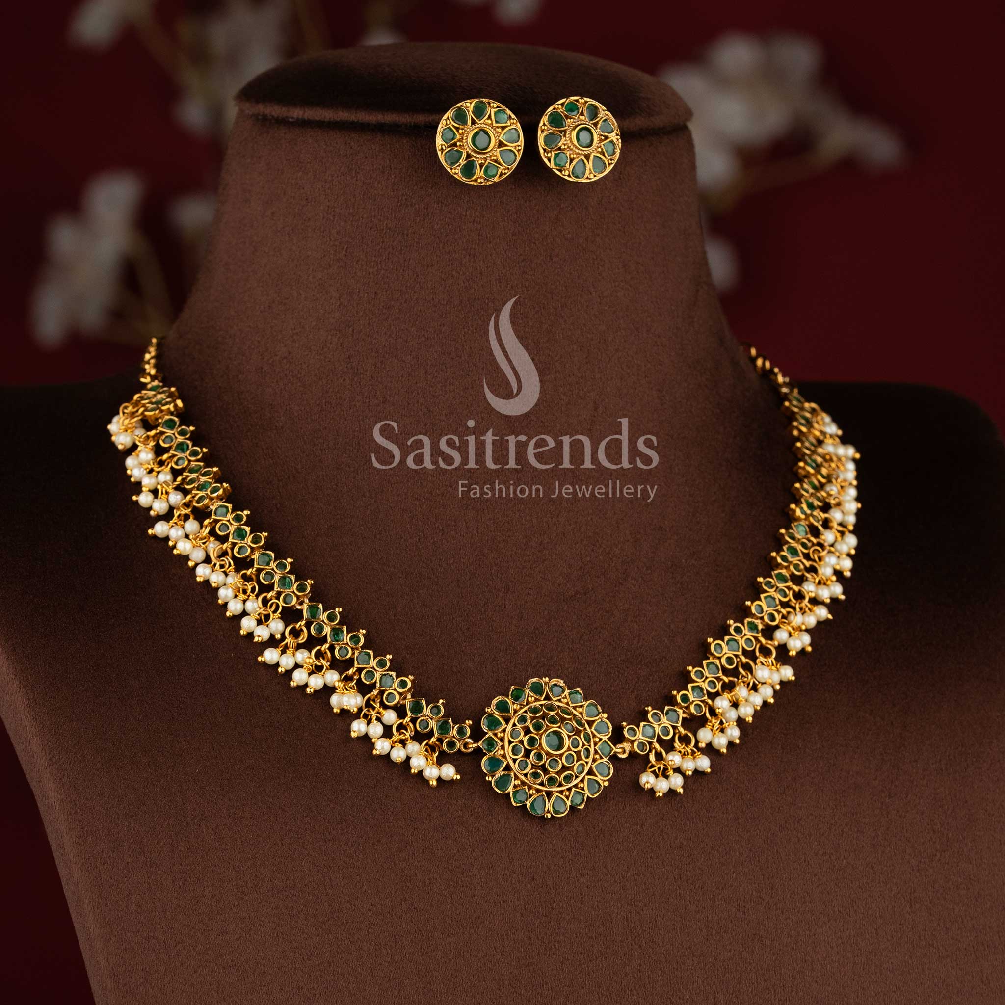 Gorgeous Floral Pendant Temple Matte Gold Plated Choker Necklace Jewellery Set with AD Stones and Pearl Drops for Women | Sasitrends - Image 7