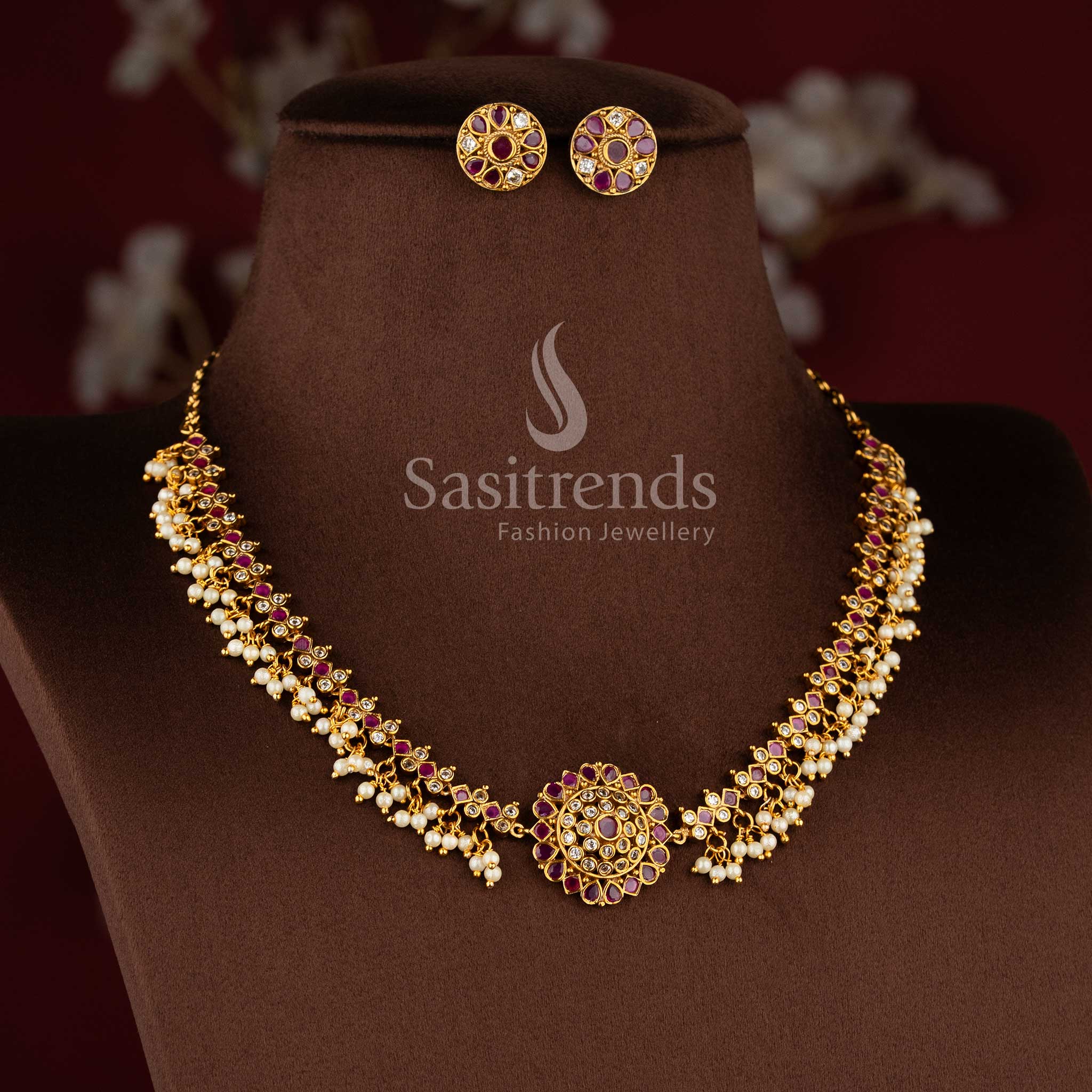 Gorgeous Floral Pendant Temple Matte Gold Plated Choker Necklace Jewellery Set with AD Stones and Pearl Drops for Women | Sasitrends - Image 8