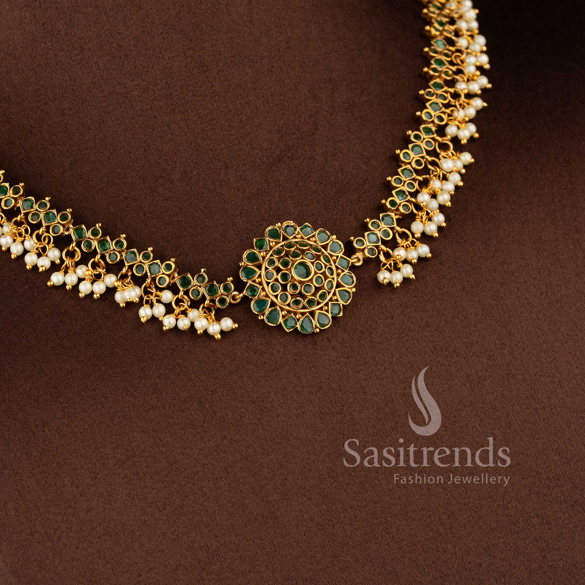 Gorgeous Floral Pendant Temple Matte Gold Plated Choker Necklace Jewellery Set with AD Stones and Pearl Drops for Women | Sasitrends - Image 9