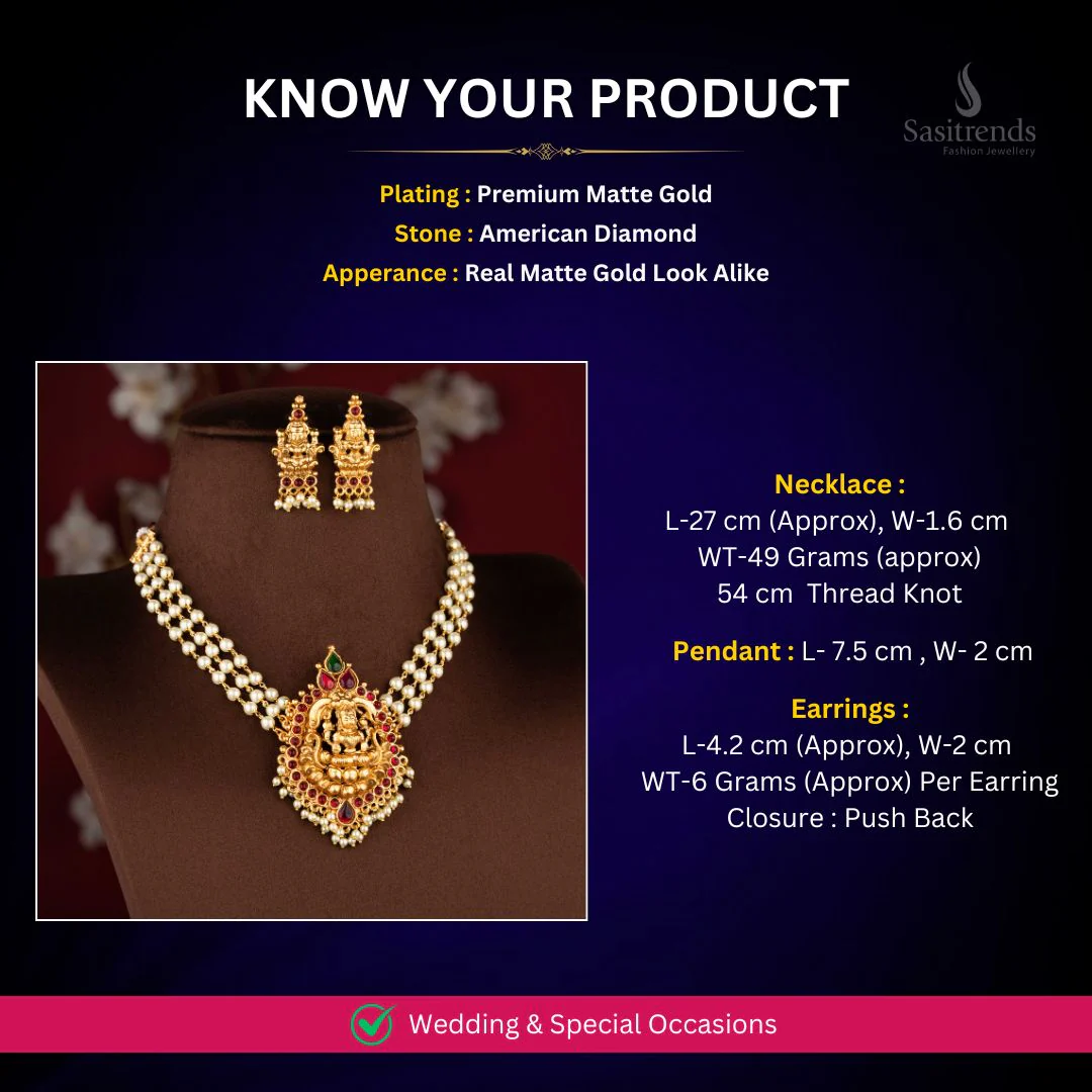 Traditional Temple Matte Gold Plated Lakshmi Pendant Choker Necklace Jewellery Set with Kemp AD Stones | Sasitrends - Image 3