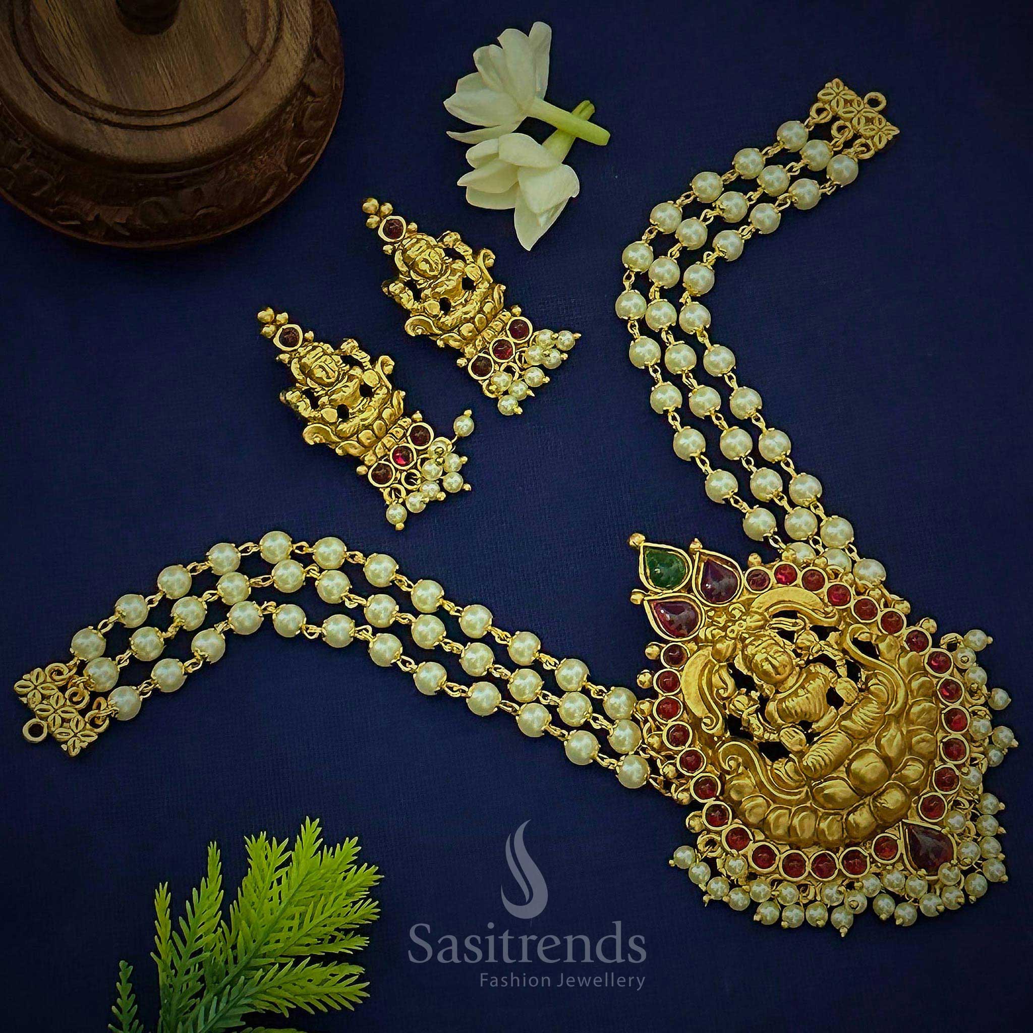 Traditional Temple Matte Gold Plated Lakshmi Pendant Choker Necklace Jewellery Set with Kemp AD Stones | Sasitrends - Image 5