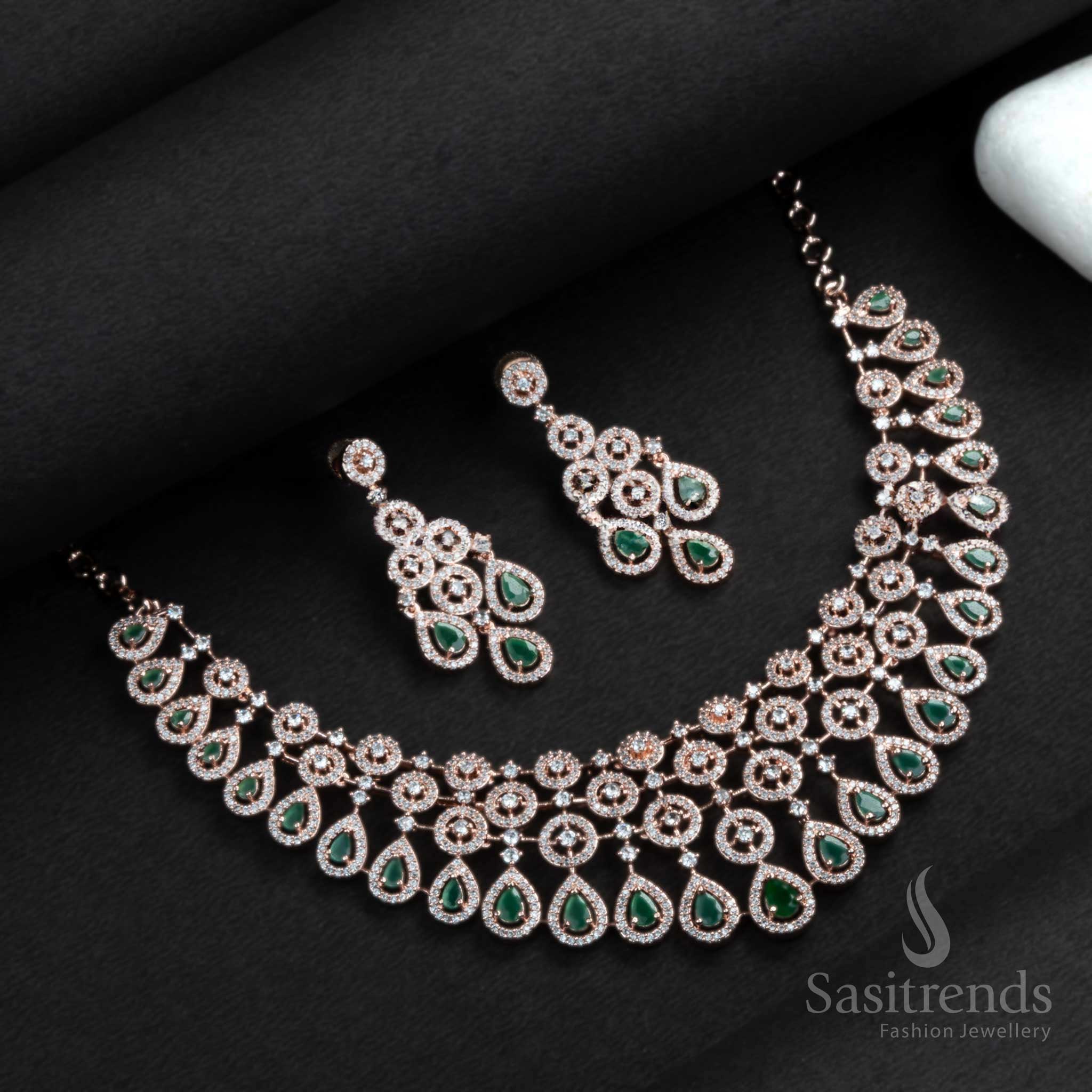 Stunning Floral Teardrop American Diamond Choker Necklace Jewellery Set in Dual-Tone Rhodium Silver , Rose Gold & Gold for Wedding & Reception - Image 11