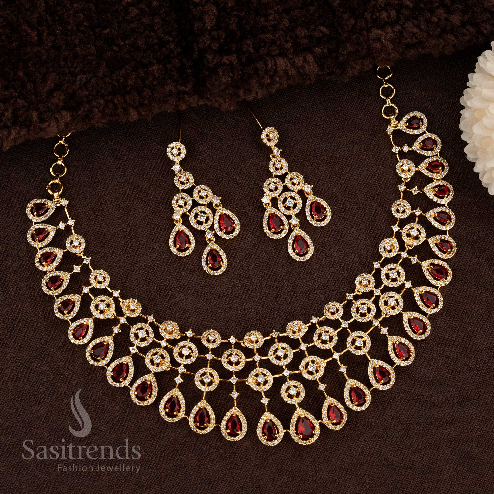 Stunning Floral Teardrop American Diamond Choker Necklace Jewellery Set in Dual-Tone Rhodium Silver , Rose Gold & Gold for Wedding & Reception - Image 17