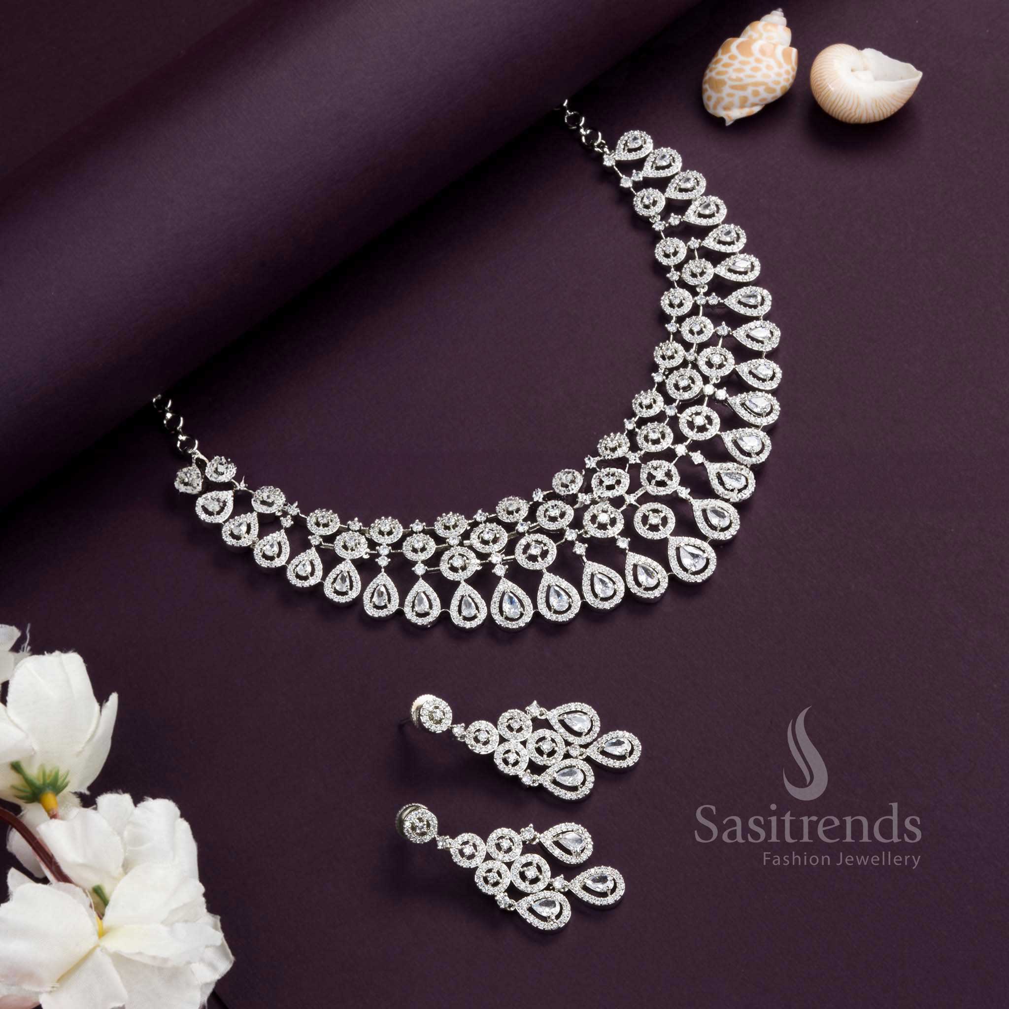 Stunning Floral Teardrop American Diamond Choker Necklace Jewellery Set in Dual-Tone Rhodium Silver , Rose Gold & Gold for Wedding & Reception - Image 2