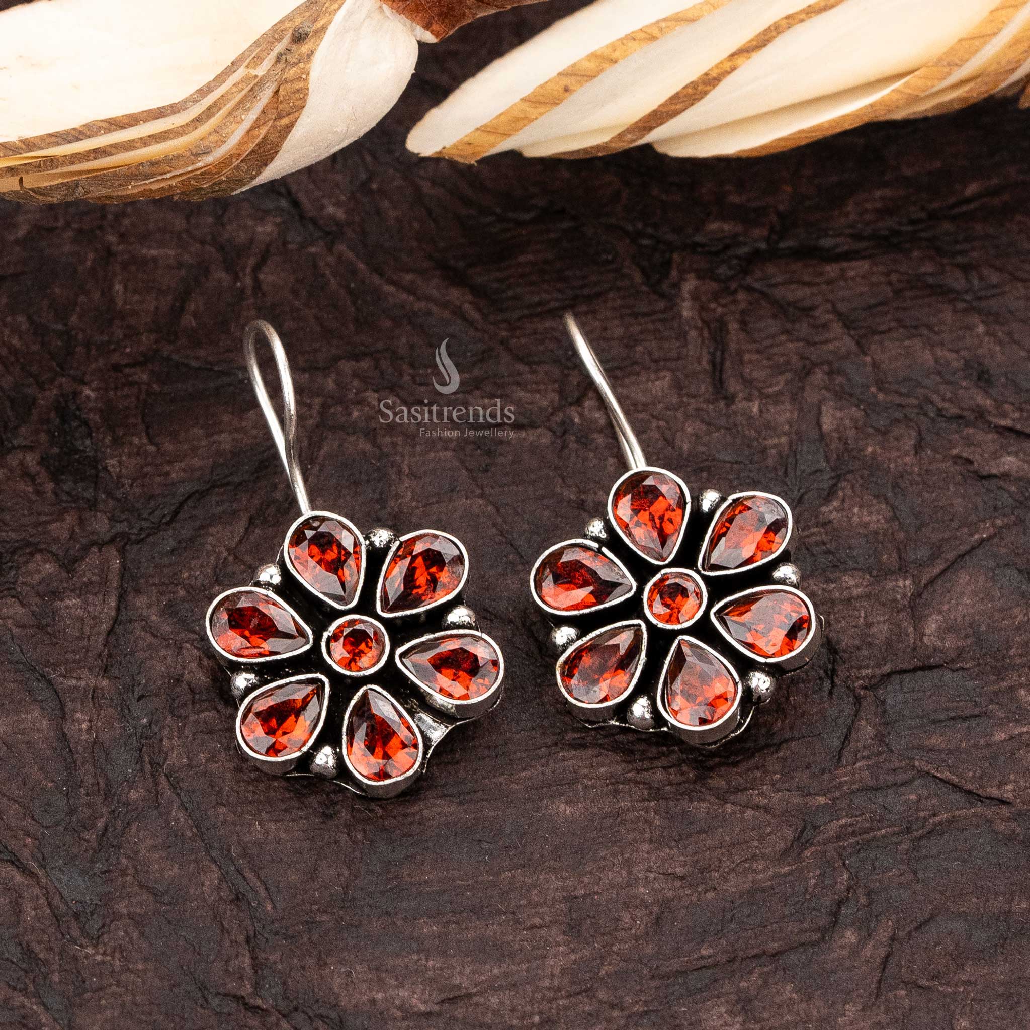 Sasitrends - Traditional Oxidised Silver Earrings with AD Stones Floral Design - Image 12