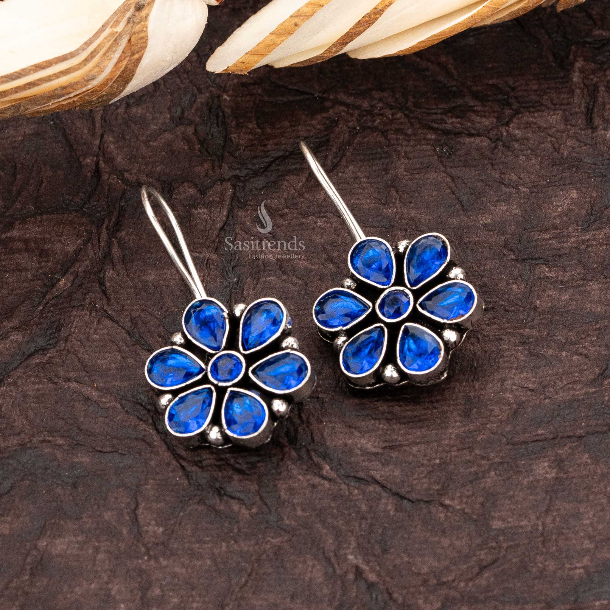 Sasitrends - Traditional Oxidised Silver Earrings with AD Stones Floral Design - Image 9
