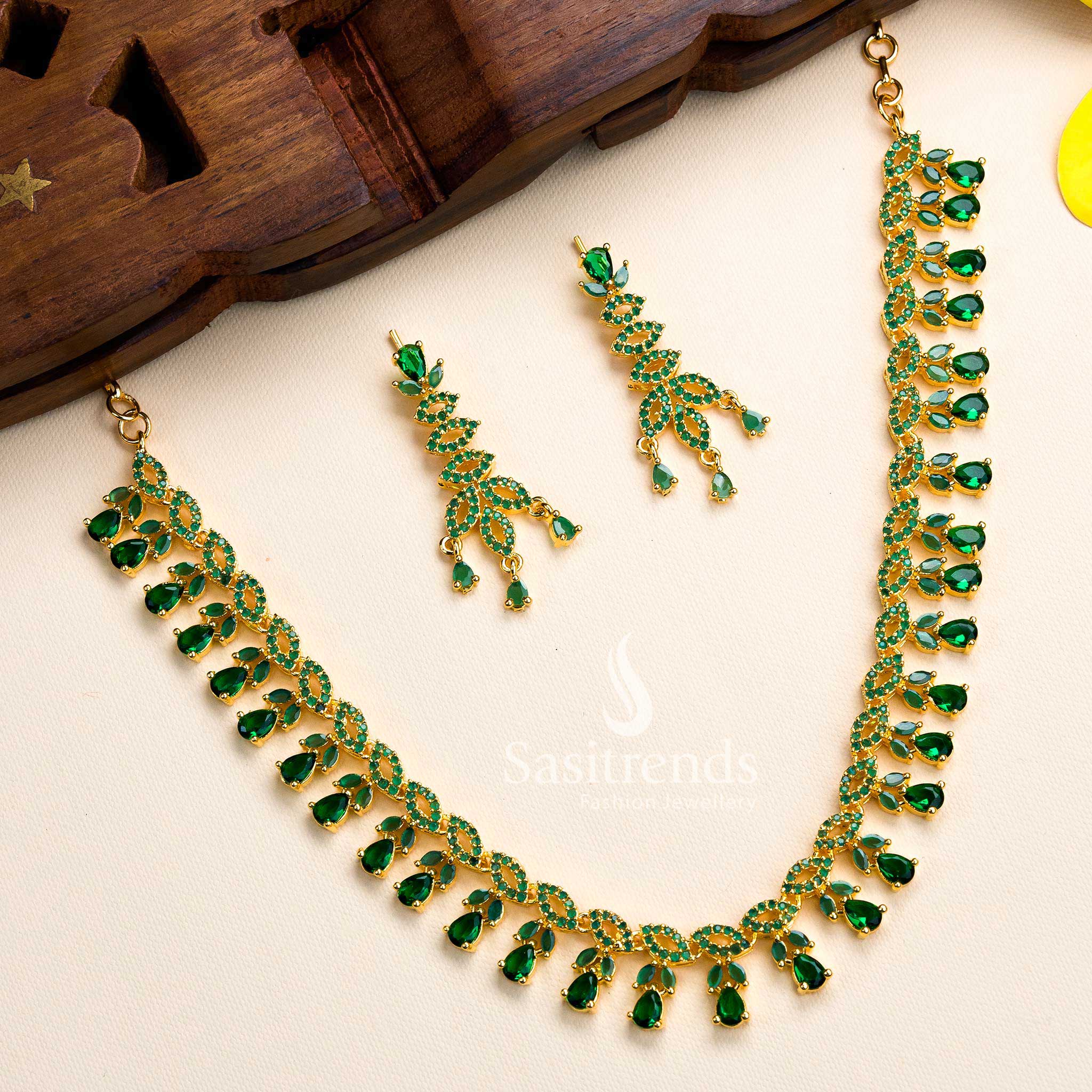 Traditional  Micro Gold Plated Leaf Designer Necklace & Jewellery Set with AD Stones - Sasitrends - Image 4