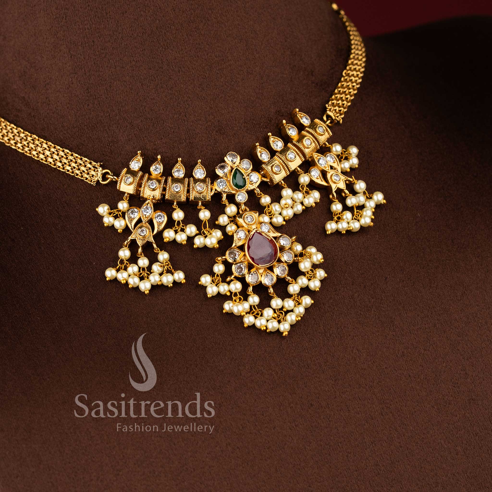 Trendy Temple Matte Gold Plated Guttapusalu Choker Necklace Jewellery Set with Ruby Pendant and Pearl Fringes | Sasitrends - Image 2