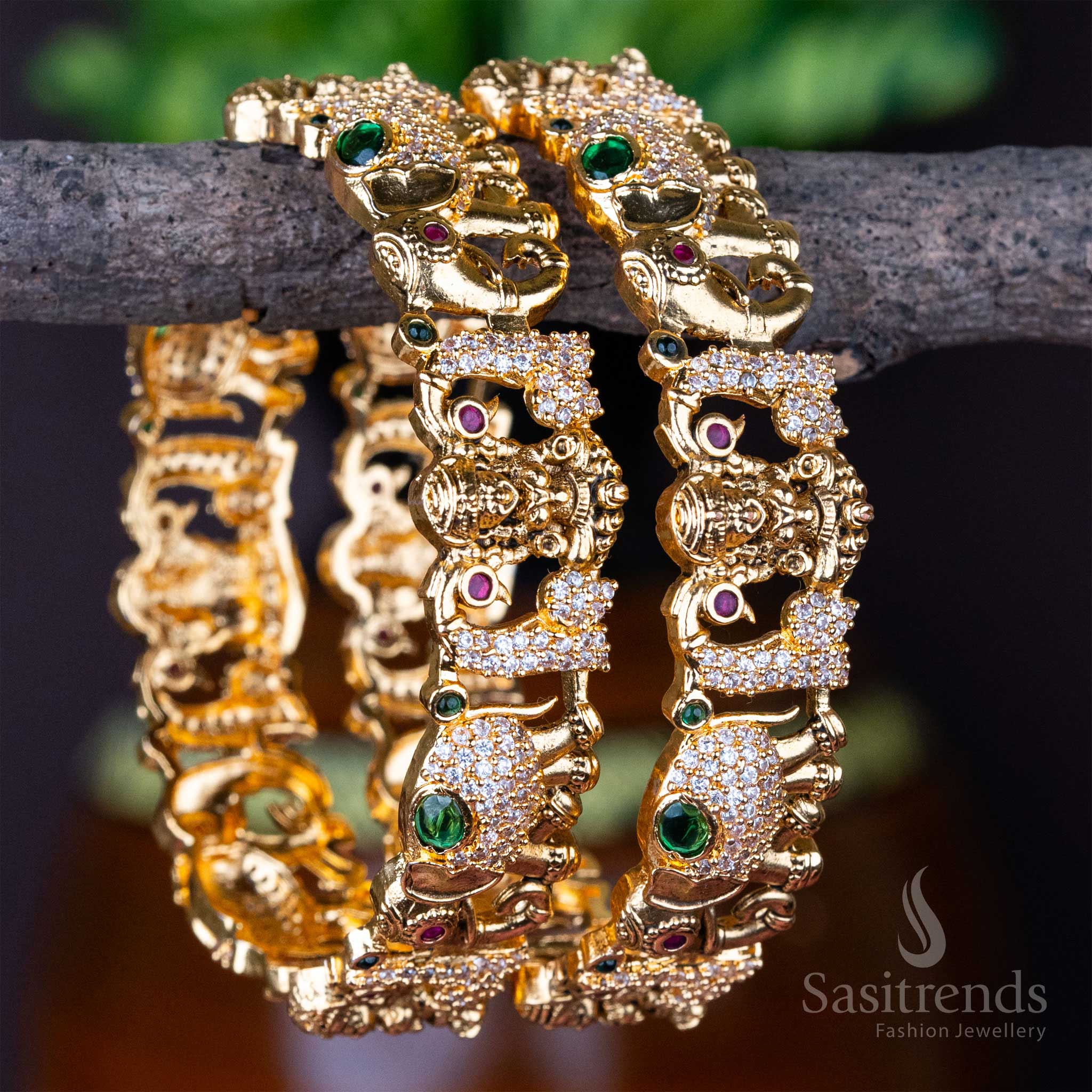 Exquisite Temple Wear Matte Gold Plated Lakshmi Designer Bangles with AD Stones