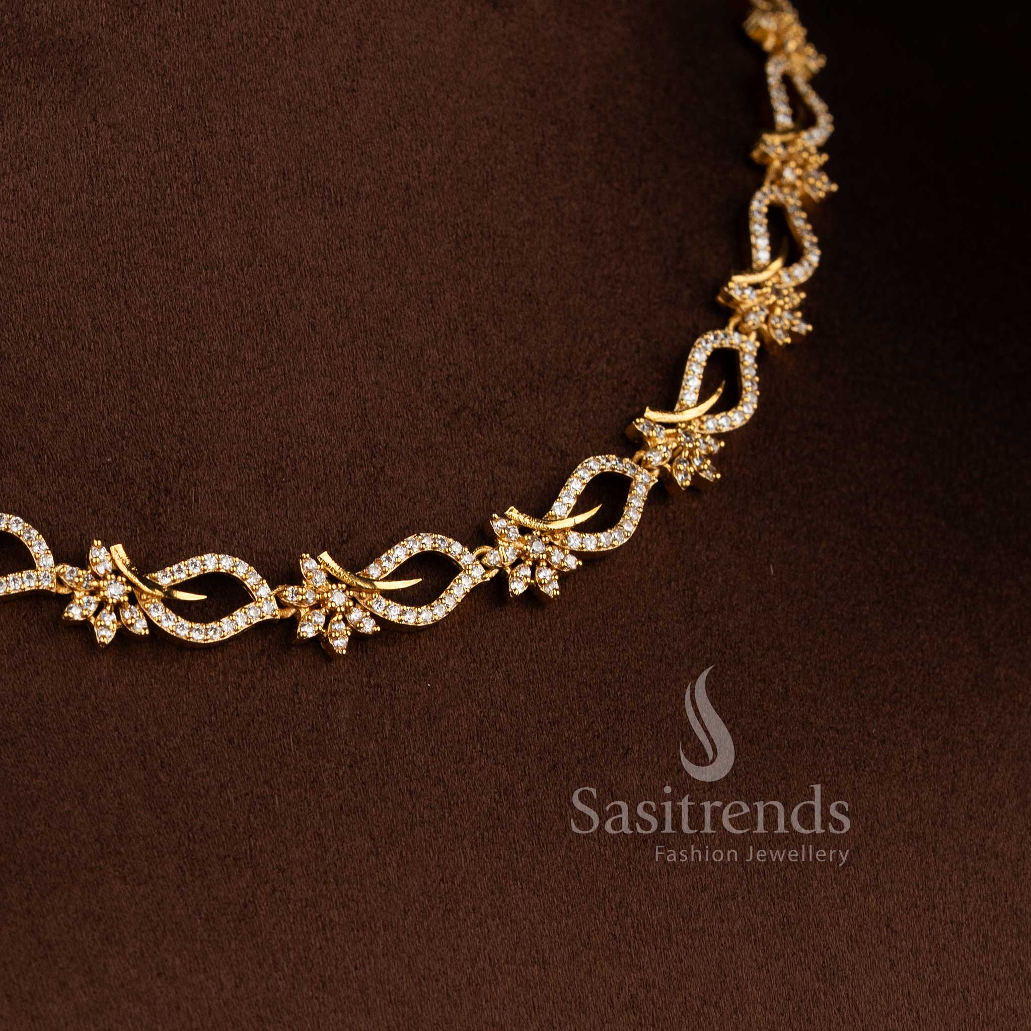 Trendy Matte Gold Plated American Diamond Floral Design American Diamond Necklace Jewellery Set for Women | Sasitrends - Image 2