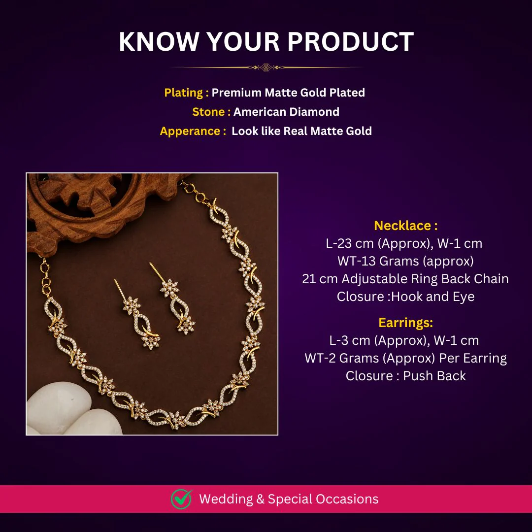 Trendy Matte Gold Plated American Diamond Floral Design American Diamond Necklace Jewellery Set for Women | Sasitrends - Image 5