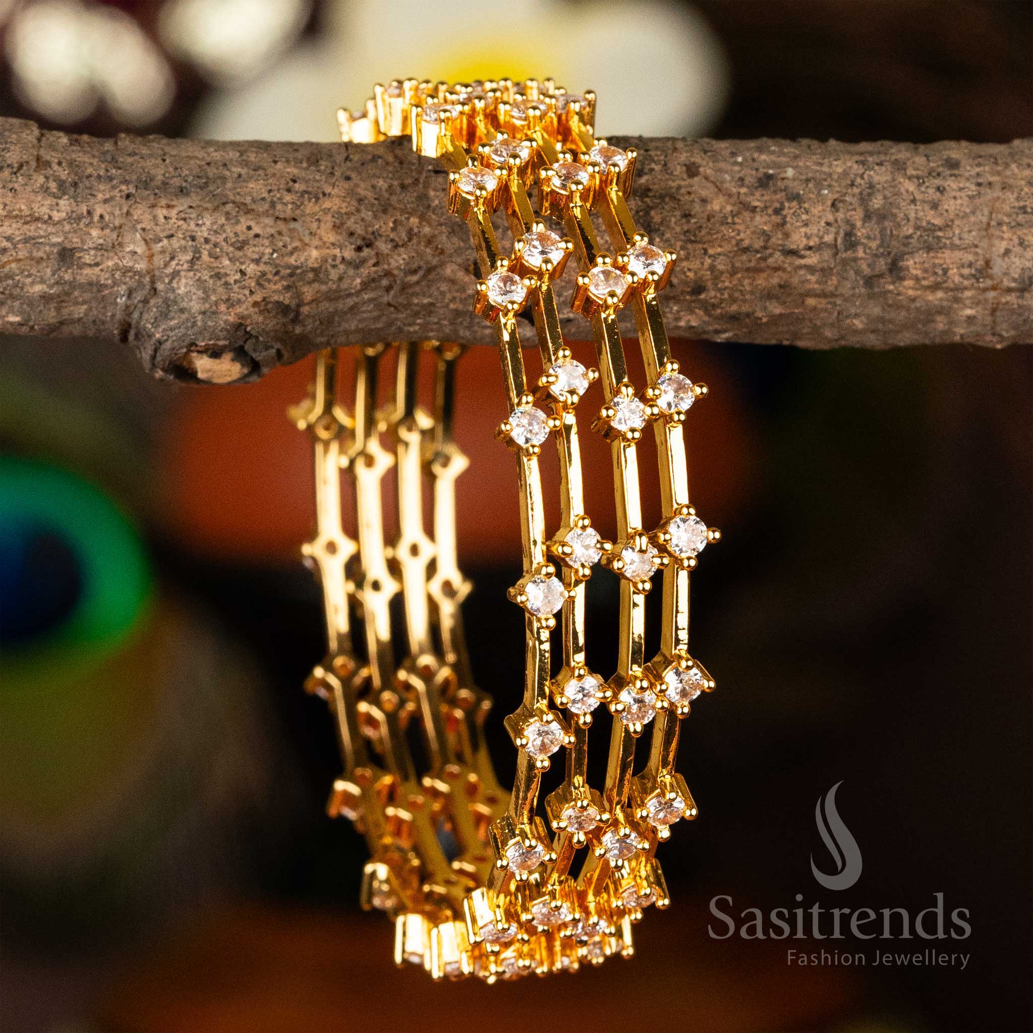 Elegant Micro Gold Plated Thin Bangles Set with Round American Diamond Stones - Sasitrends - Image 5