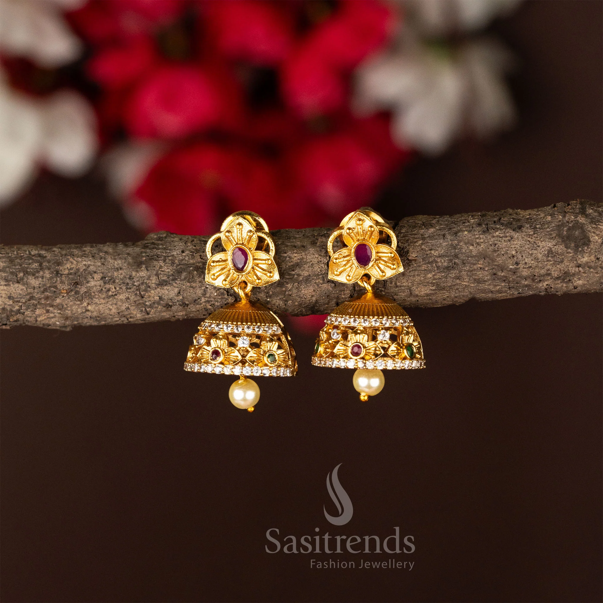 Exquisite Temple Matte Gold Plated Flower Designer Jhumka Earrings - Traditional Wear