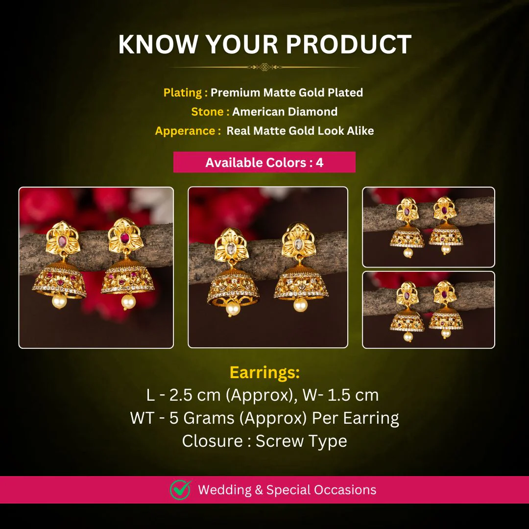 Exquisite Temple Matte Gold Plated Flower Designer Jhumka Earrings - Traditional Wear - Image 2