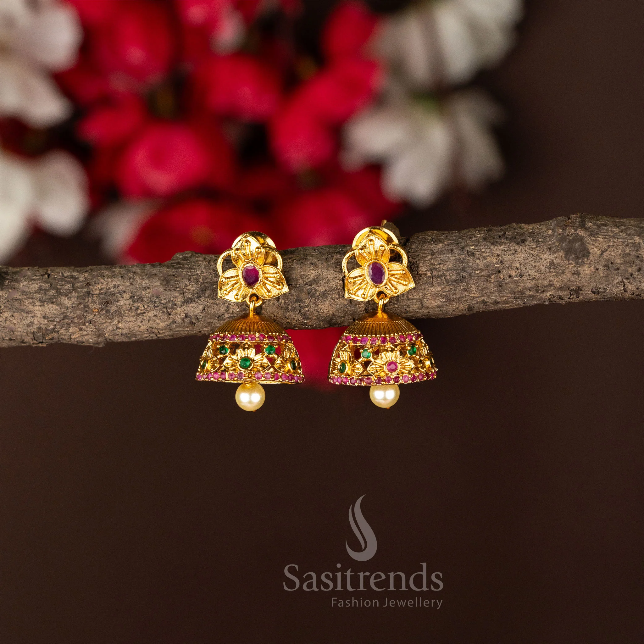 Exquisite Temple Matte Gold Plated Flower Designer Jhumka Earrings - Traditional Wear - Image 3