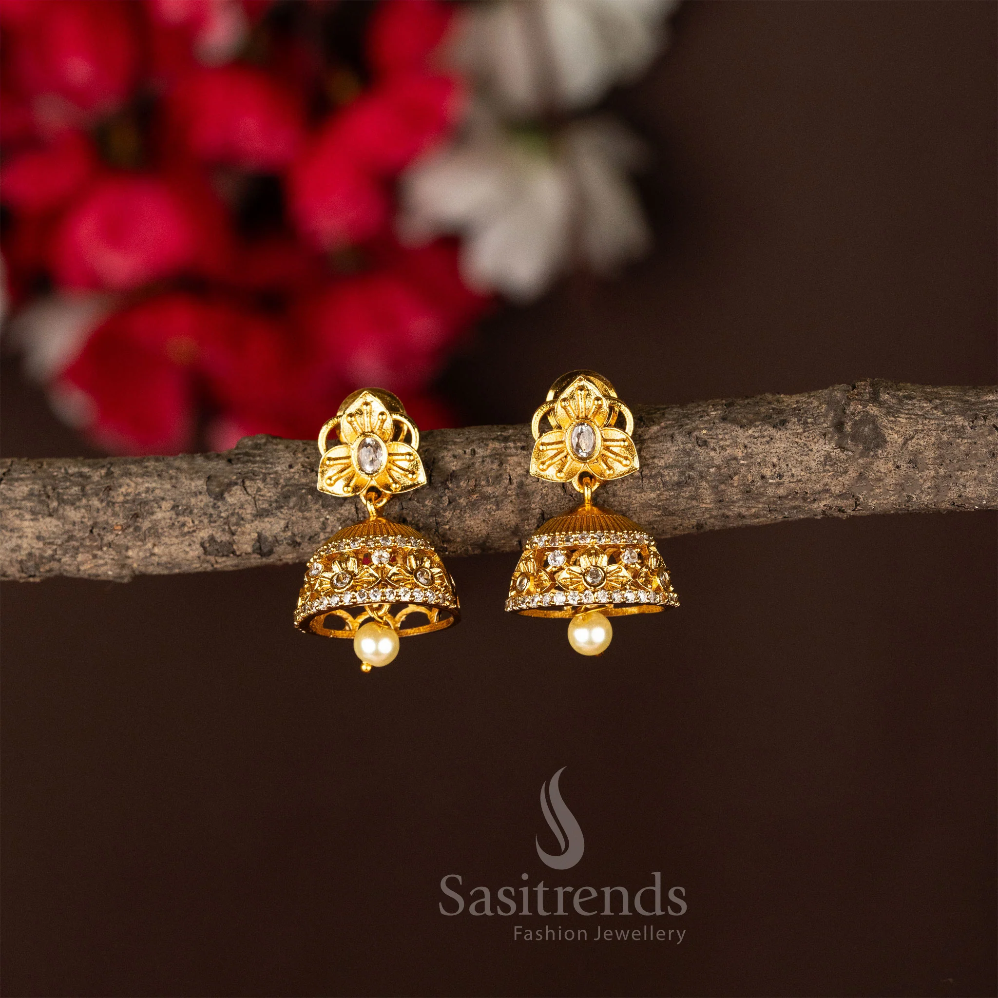 Exquisite Temple Matte Gold Plated Flower Designer Jhumka Earrings - Traditional Wear - Image 4