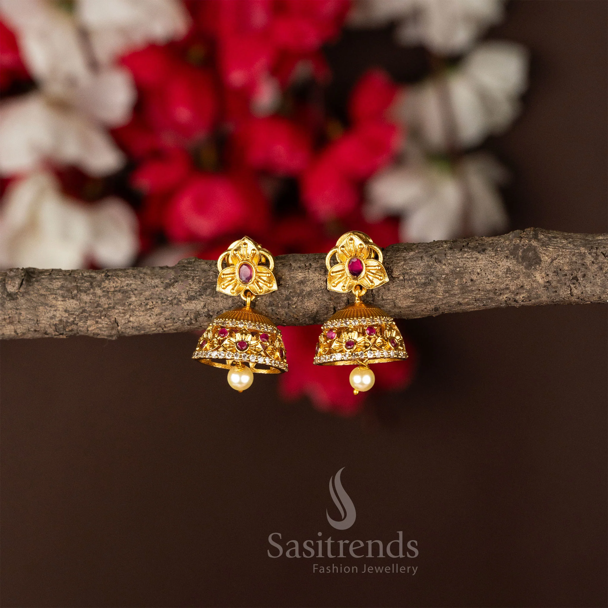 Exquisite Temple Matte Gold Plated Flower Designer Jhumka Earrings - Traditional Wear - Image 5