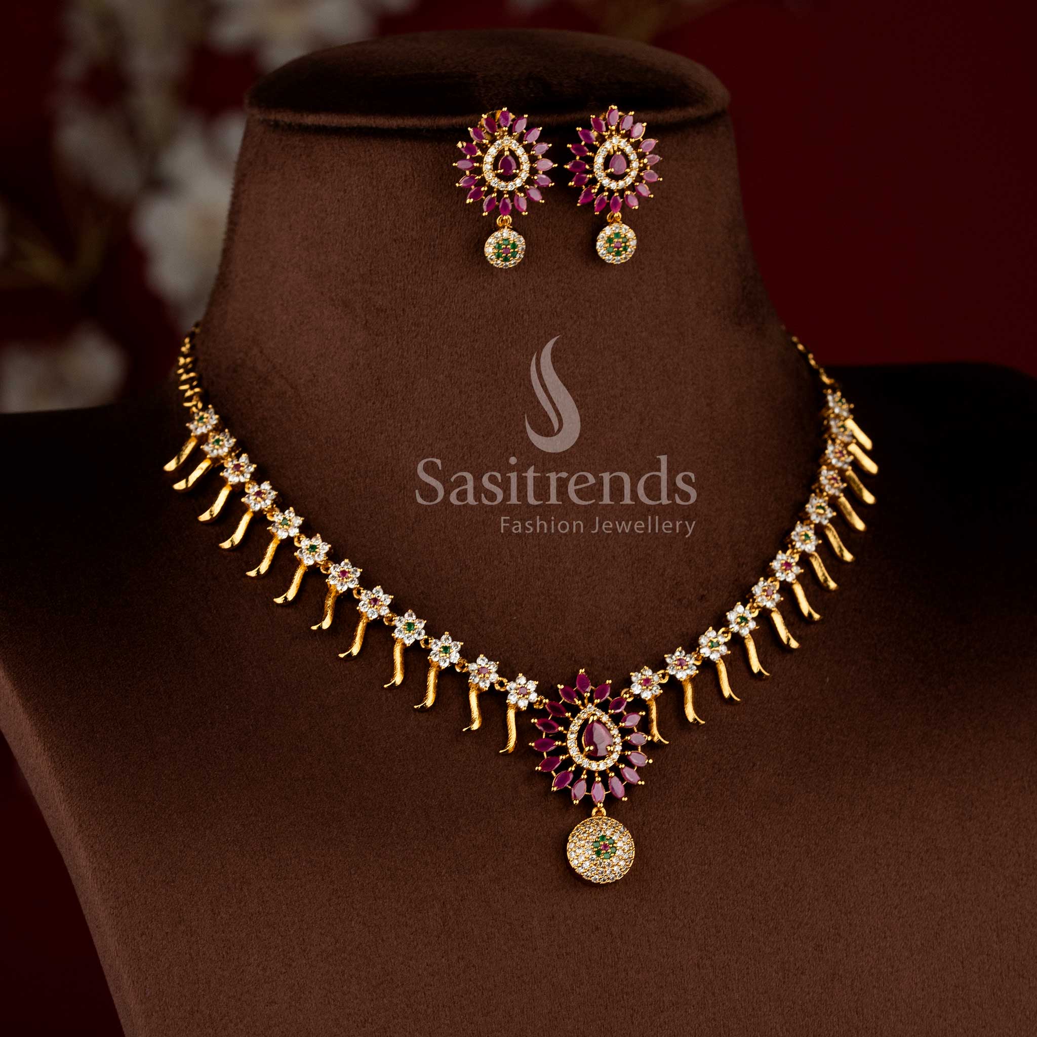Gorgeous Matte Gold Plated Floral Necklace Jewellery Set with AD Accents | Sasitrends - Image 10