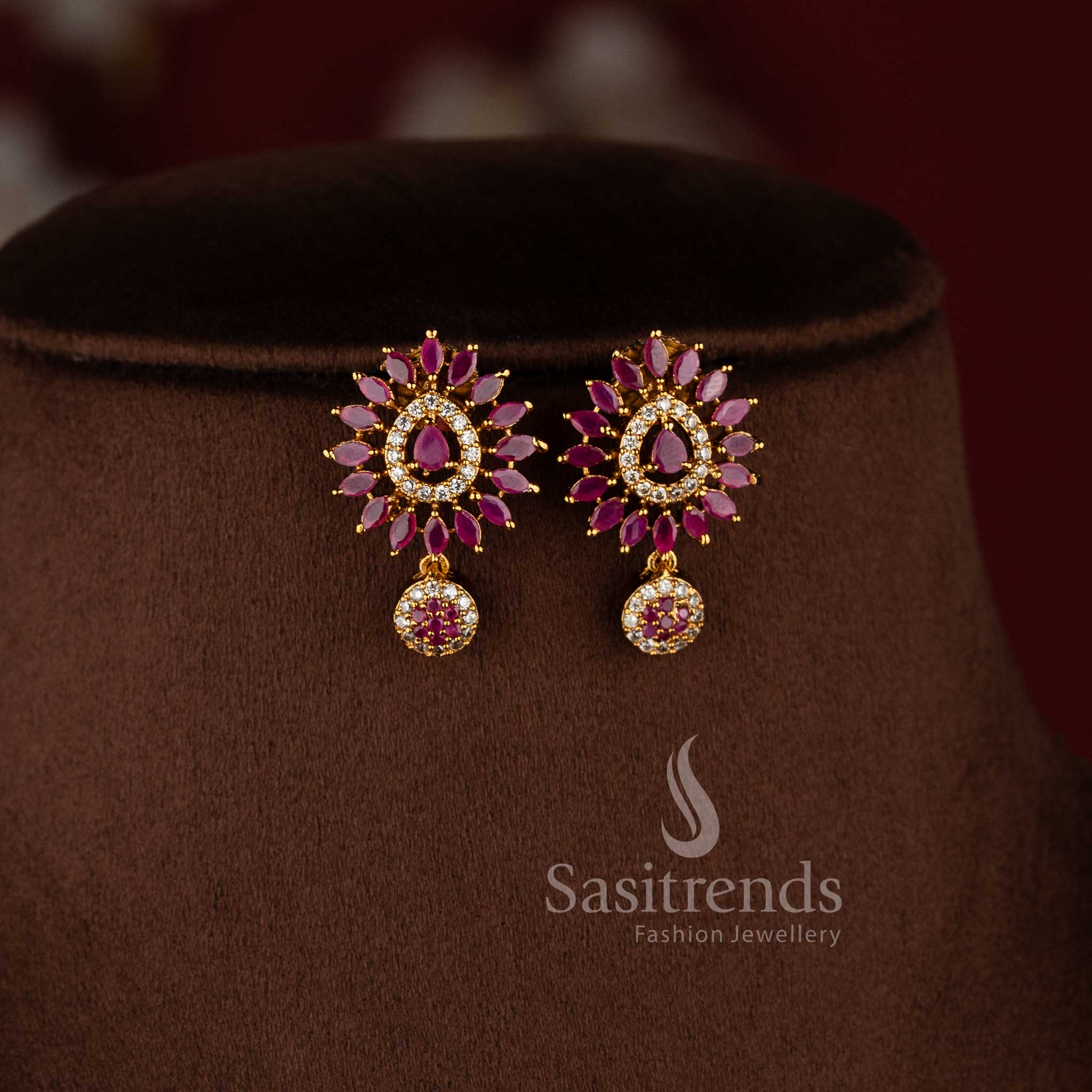 Gorgeous Matte Gold Plated Floral Necklace Jewellery Set with AD Accents | Sasitrends - Image 11
