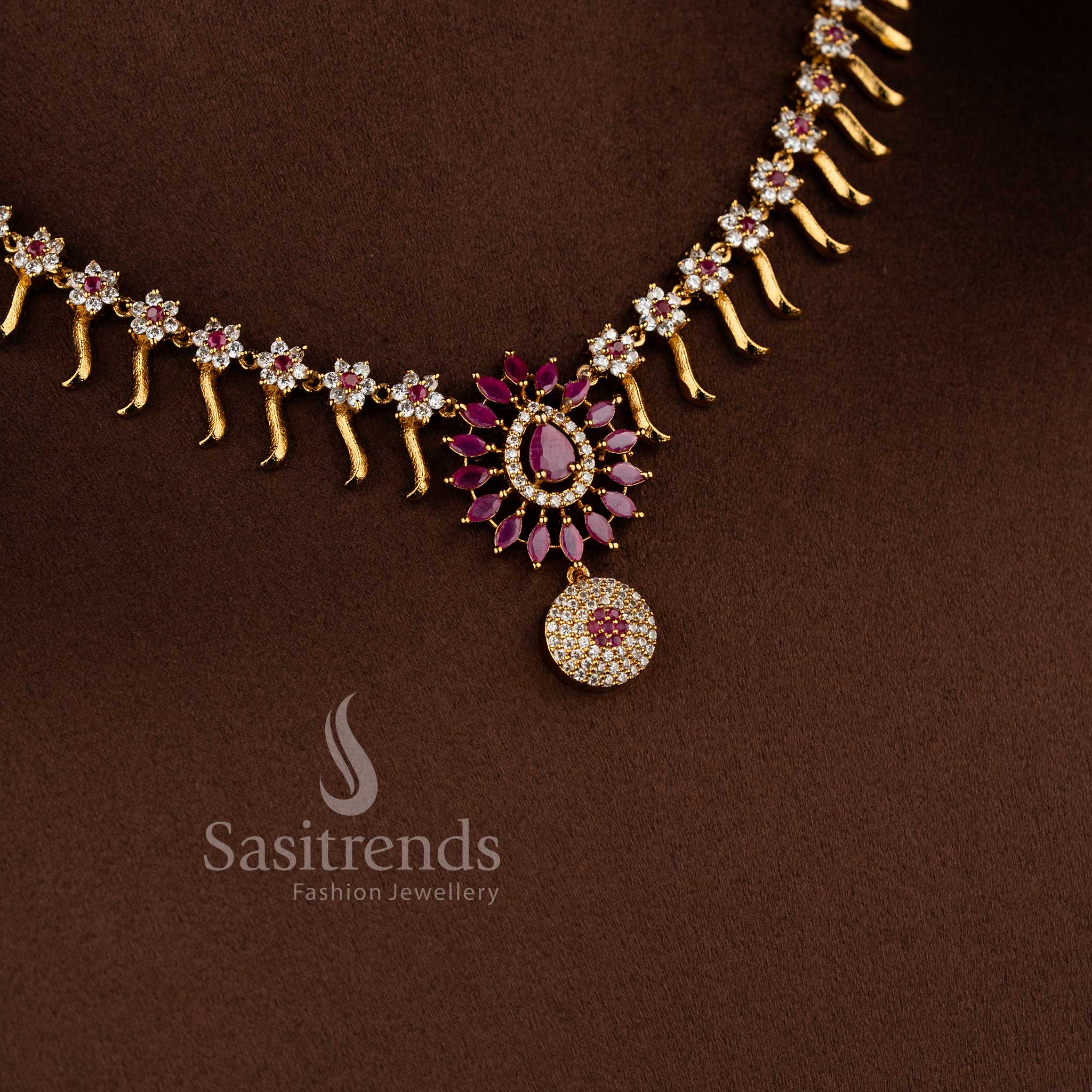 Gorgeous Matte Gold Plated Floral Necklace Jewellery Set with AD Accents | Sasitrends - Image 12