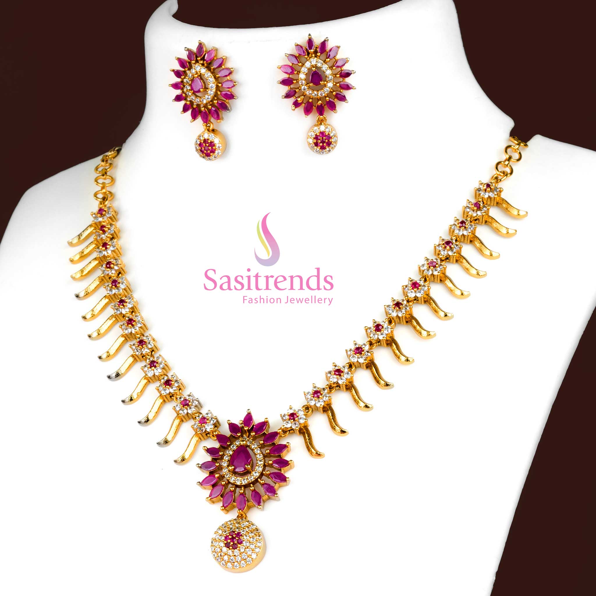 Gorgeous Matte Gold Plated Floral Necklace Jewellery Set with AD Accents | Sasitrends - Image 13