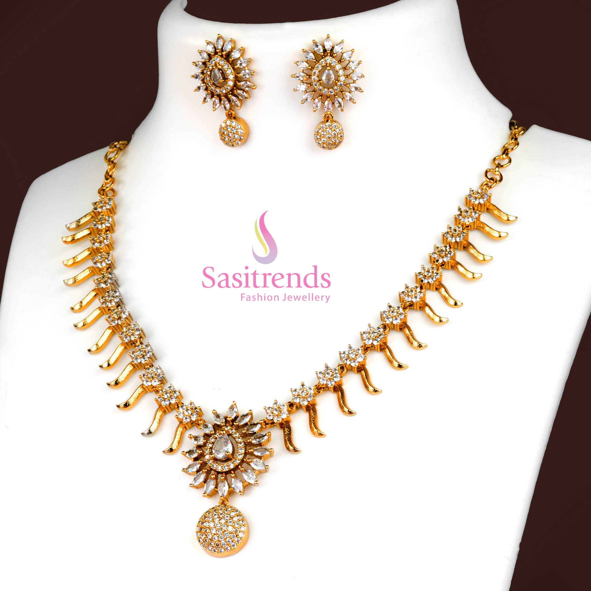 Gorgeous Matte Gold Plated Floral Necklace Jewellery Set with AD Accents | Sasitrends - Image 14