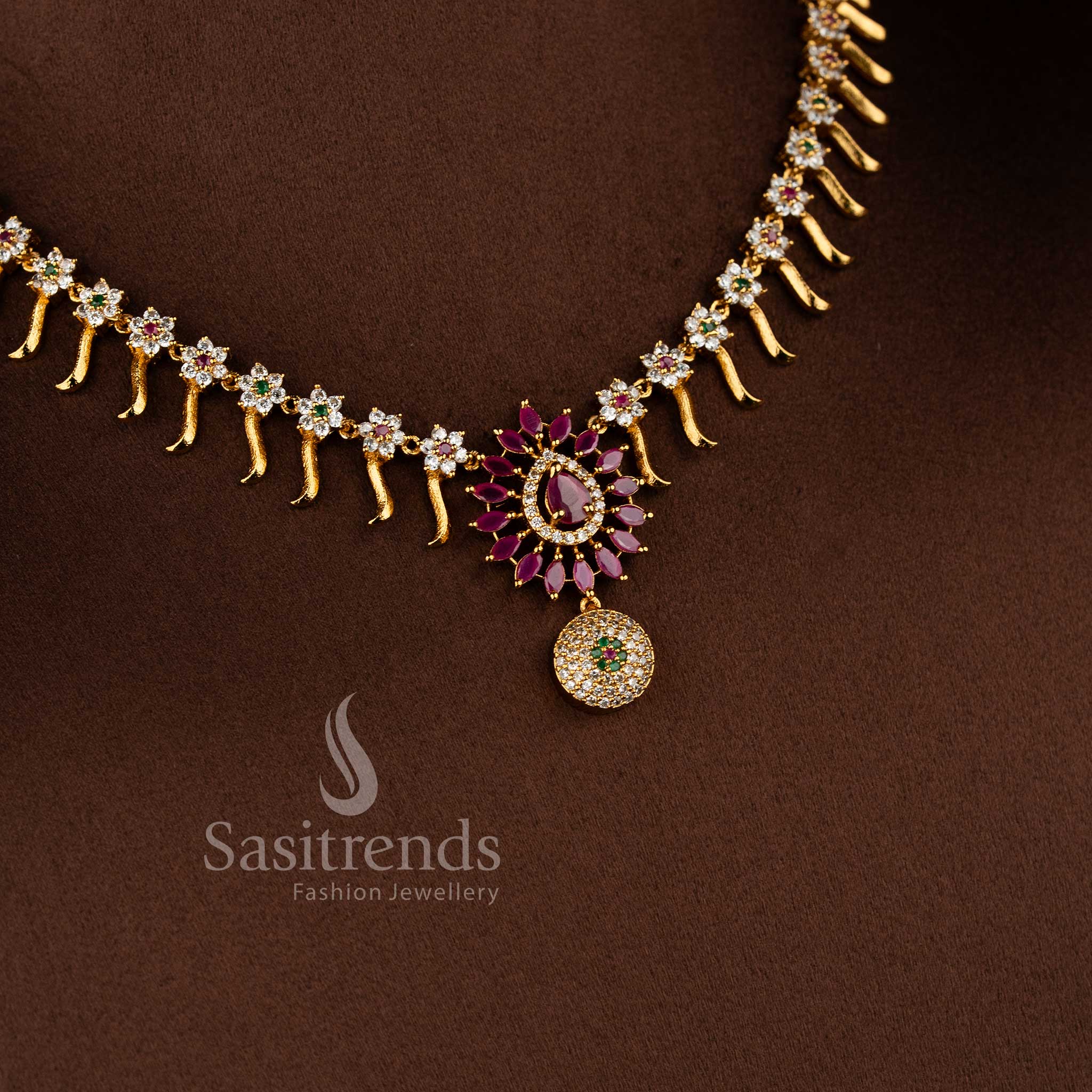 Gorgeous Matte Gold Plated Floral Necklace Jewellery Set with AD Accents | Sasitrends - Image 2