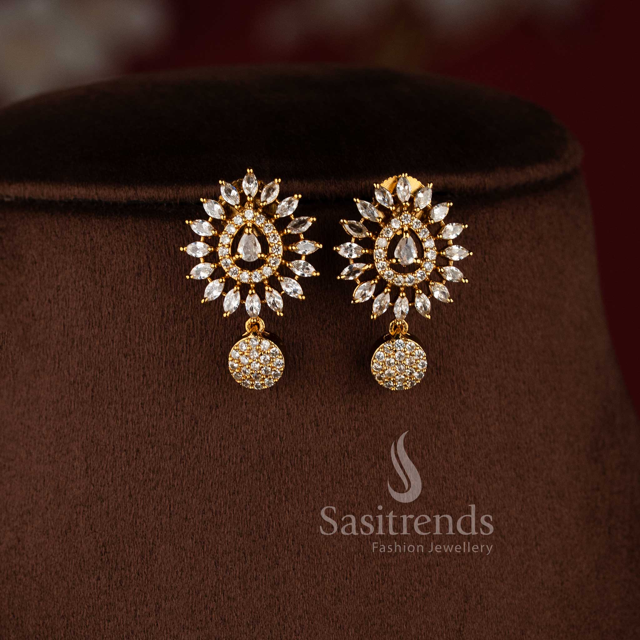 Gorgeous Matte Gold Plated Floral Necklace Jewellery Set with AD Accents | Sasitrends - Image 5
