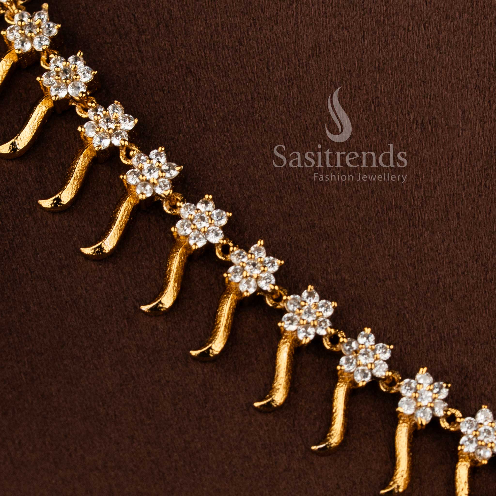 Gorgeous Matte Gold Plated Floral Necklace Jewellery Set with AD Accents | Sasitrends - Image 8