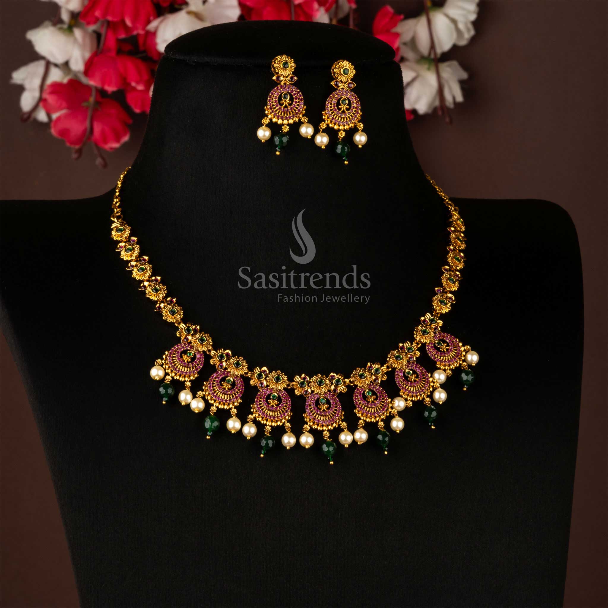 Sasitrends - Exquisite Temple Matte Gold Plated with AD Stones and Pearls Necklace Jewellery Set - Image 2