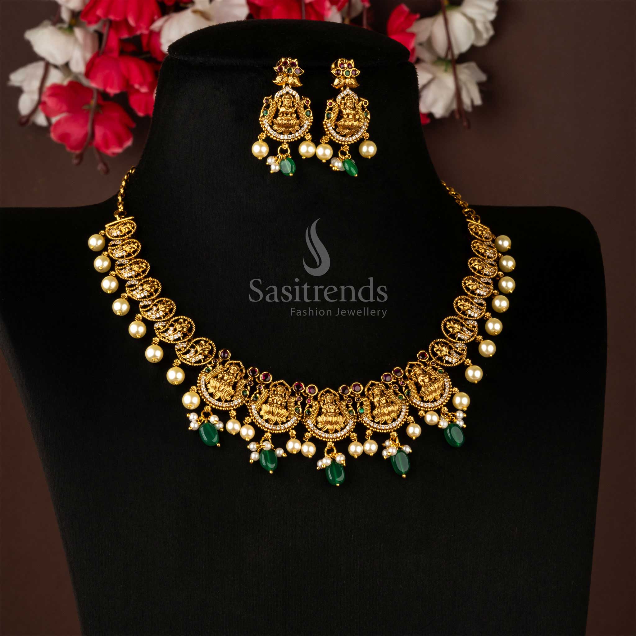 Traditional Matte Gold Lakshmi Temple Necklace Jewellery Set with Pearl and AD Stones Jewellery