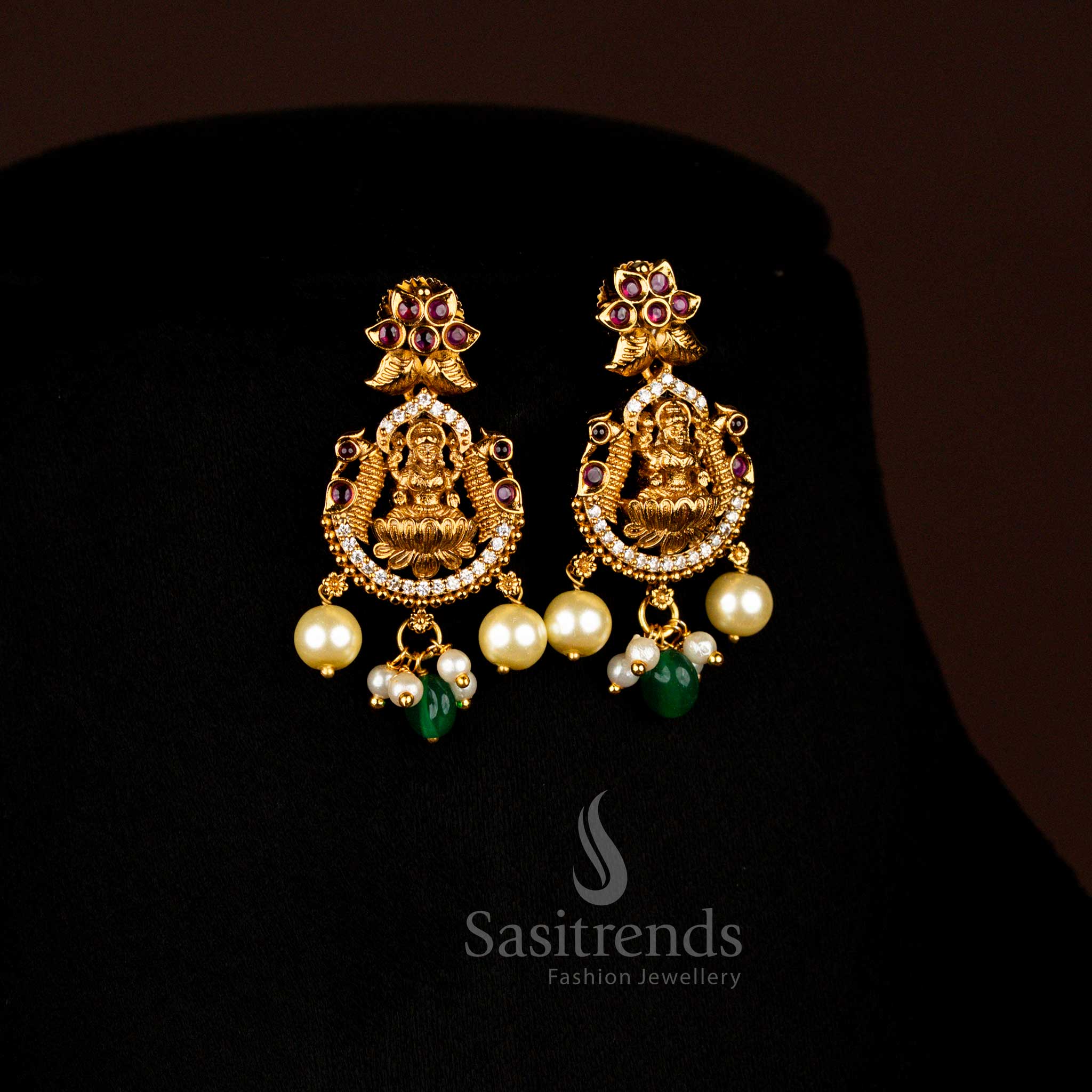 Traditional Matte Gold Lakshmi Temple Necklace Jewellery Set with Pearl and AD Stones Jewellery - Image 4