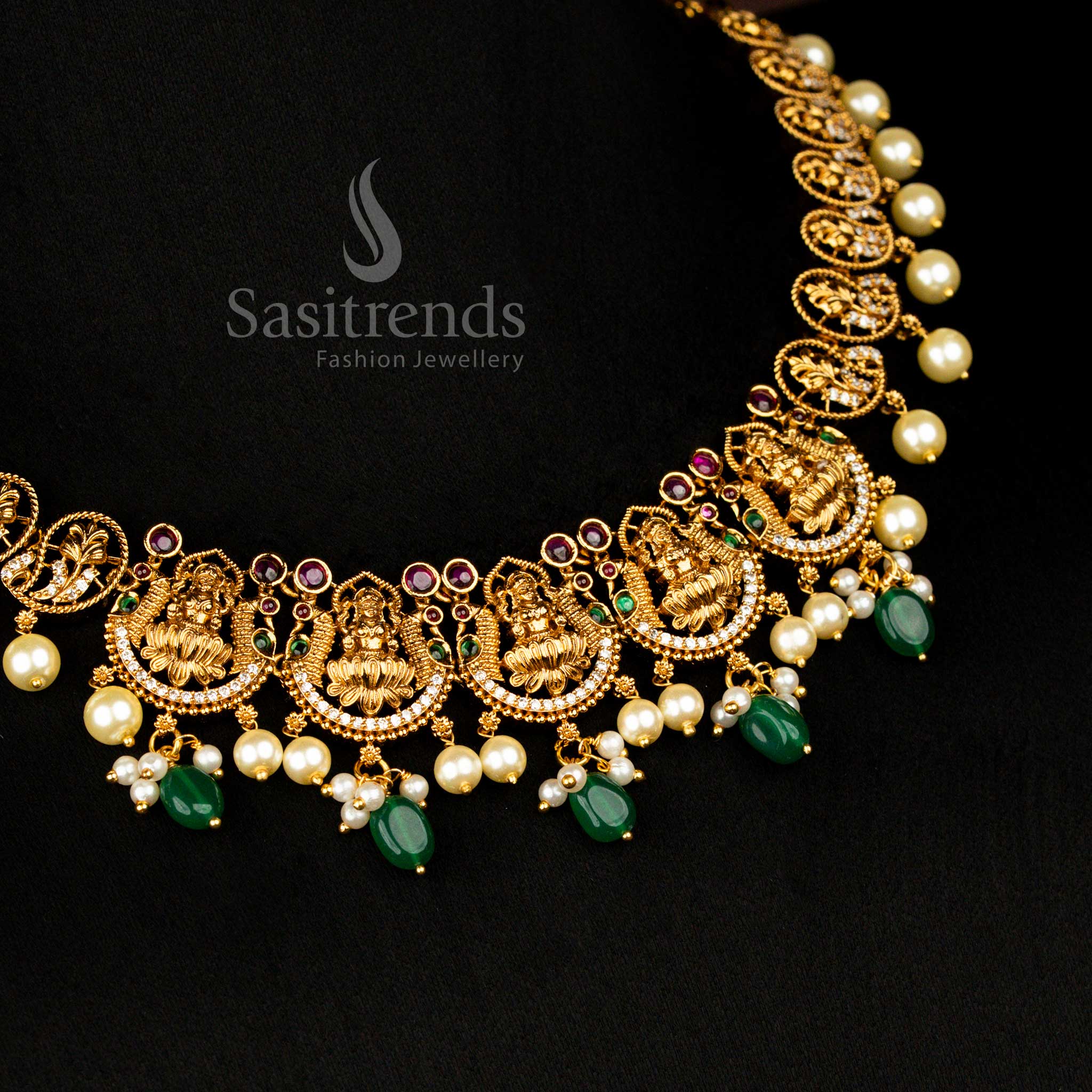 Traditional Matte Gold Lakshmi Temple Necklace Jewellery Set with Pearl and AD Stones Jewellery - Image 5
