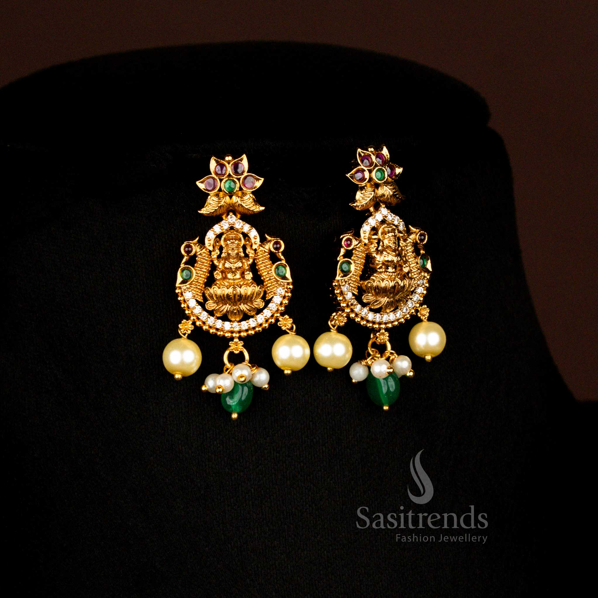 Traditional Matte Gold Lakshmi Temple Necklace Jewellery Set with Pearl and AD Stones Jewellery - Image 6