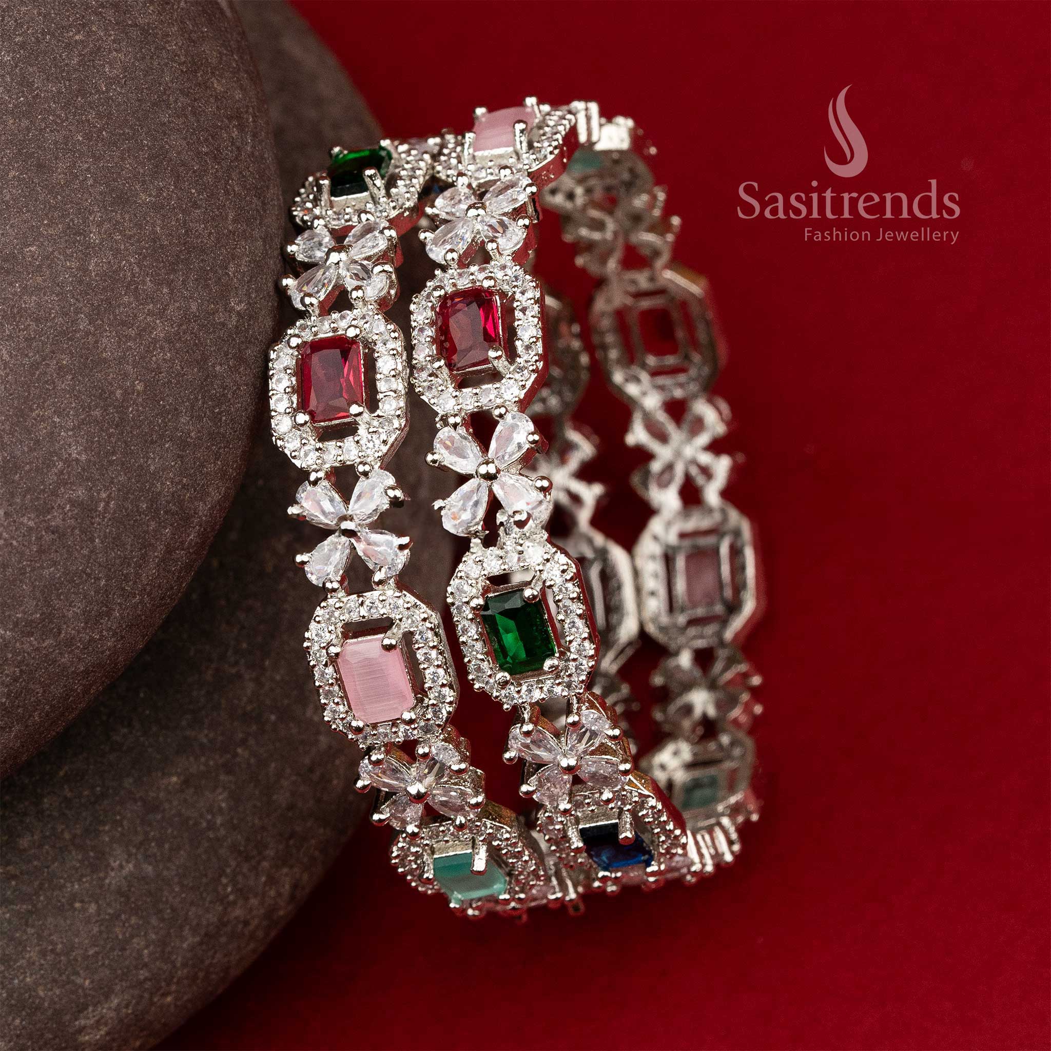 Elegant Rhodium Silver Plated Bangles with American Diamond Stones and Floral Patterns - Sasitrends - Image 13