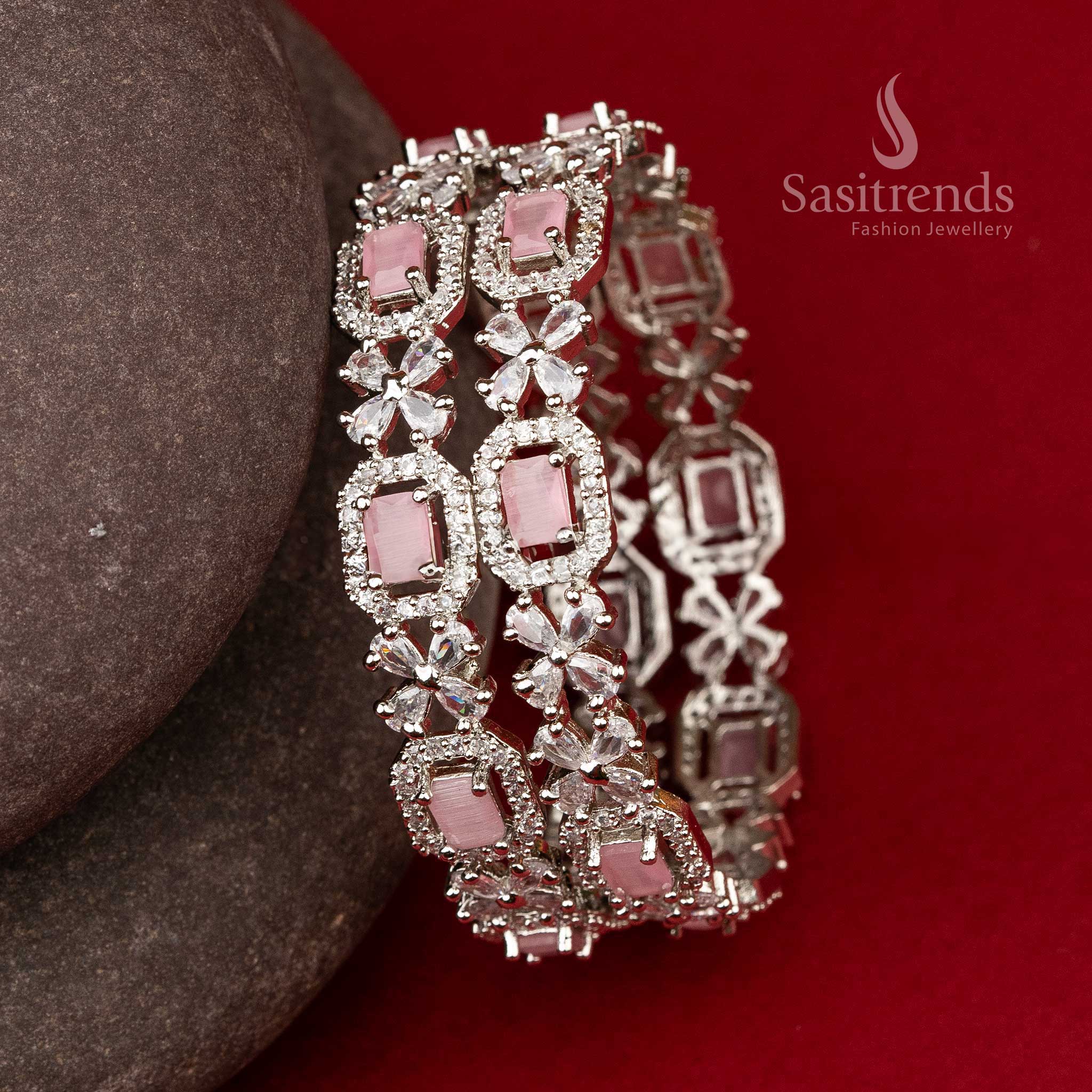 Elegant Rhodium Silver Plated Bangles with American Diamond Stones and Floral Patterns - Sasitrends - Image 14