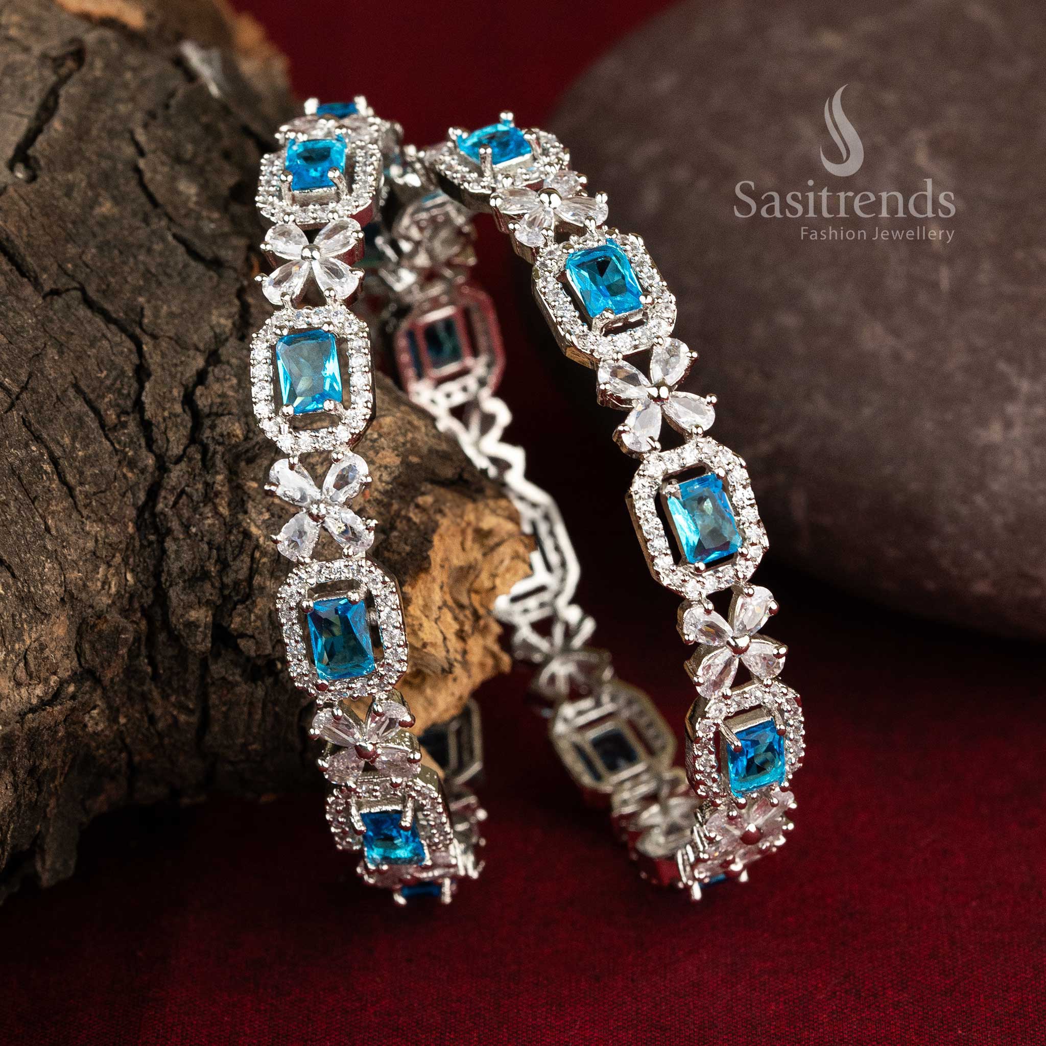 Elegant Rhodium Silver Plated Bangles with American Diamond Stones and Floral Patterns - Sasitrends - Image 16